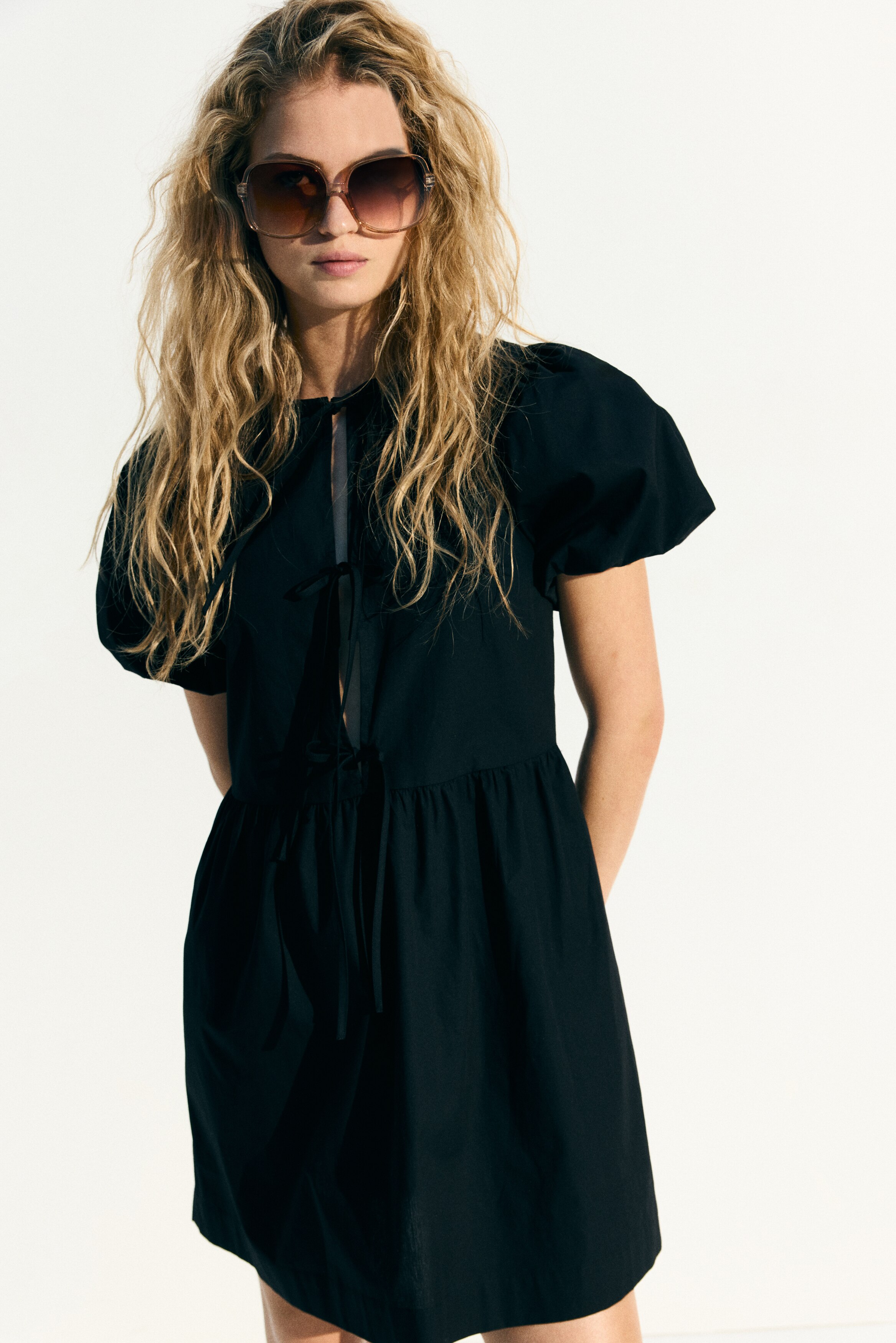 Tie-front poplin dress