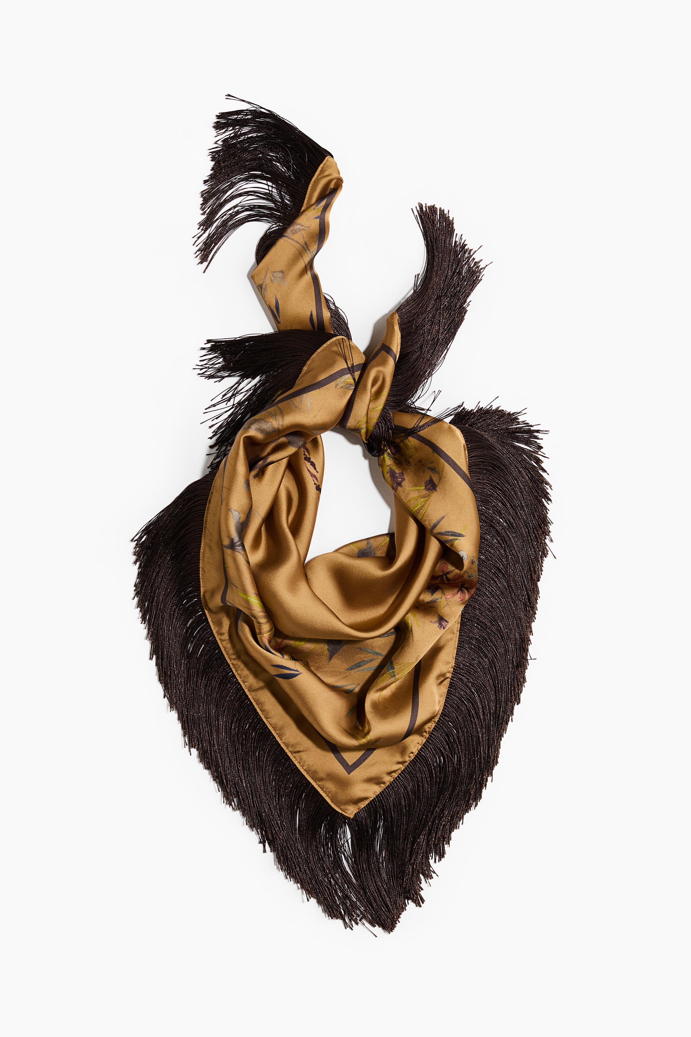 Fringed Satin Scarf - Dark beige/patterned