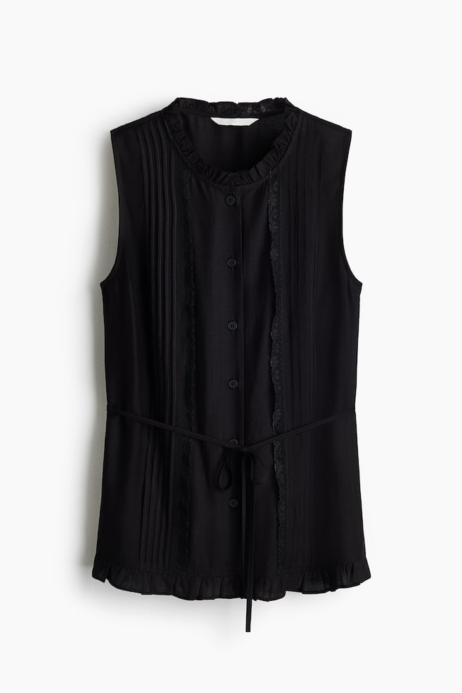 Frill Trim Button Front Blouse - Black/Ivory - 1