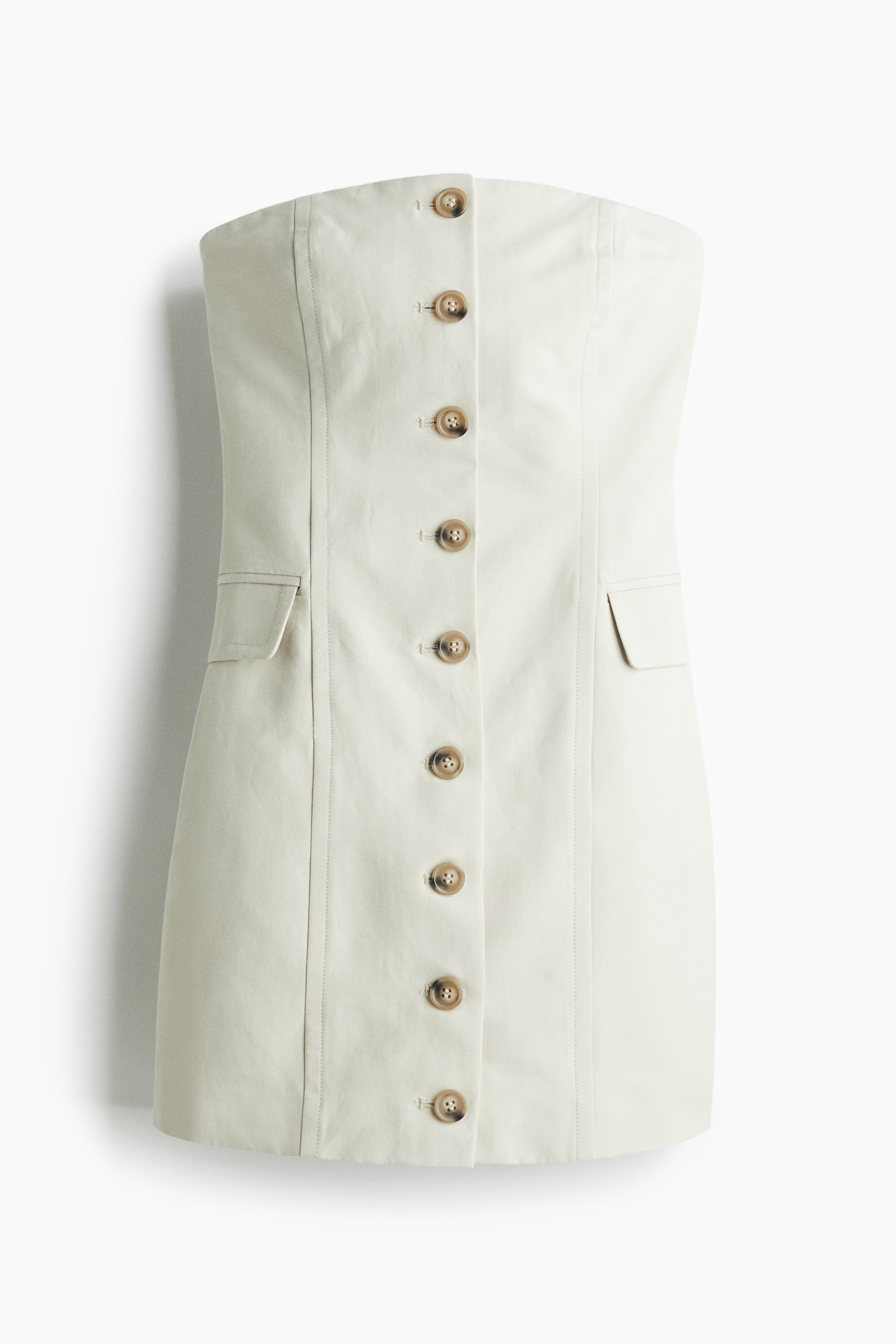 Στράπλες φόρεμα με κουμπιά μπροστά - Ανοιχτό μπεζ