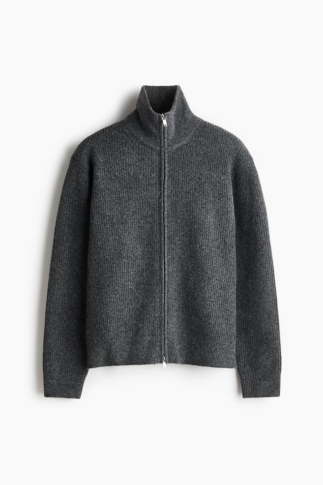 Regular Fit Rib-knit zip-though cardigan - Dark grey marl/Dark brown marl - 1