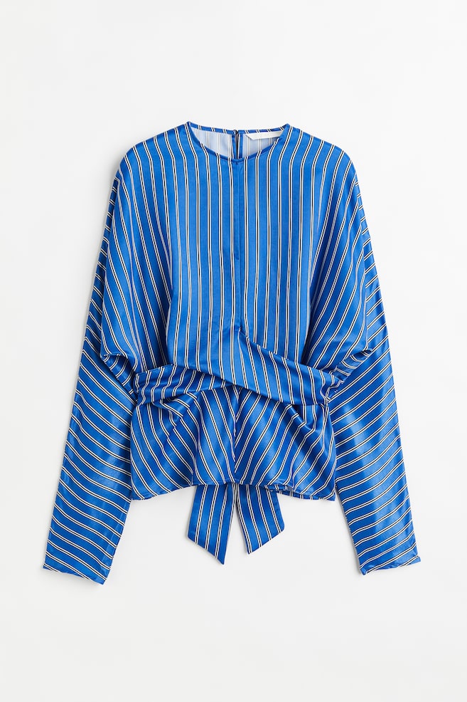 Wrap-detail satin blouse - Blue/Striped - 2