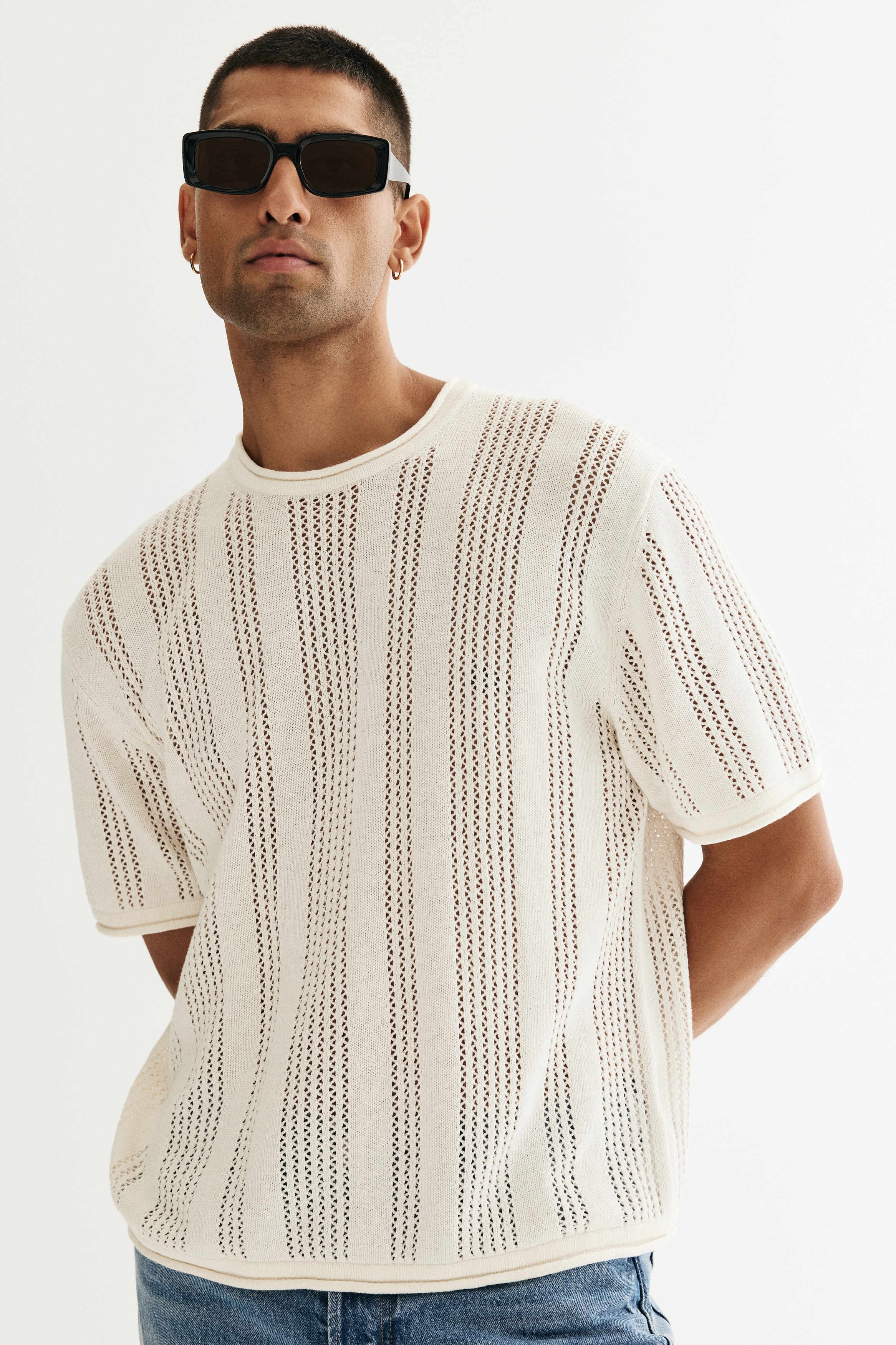 Loose Fit Textured-knit T-shirt - White/Black
