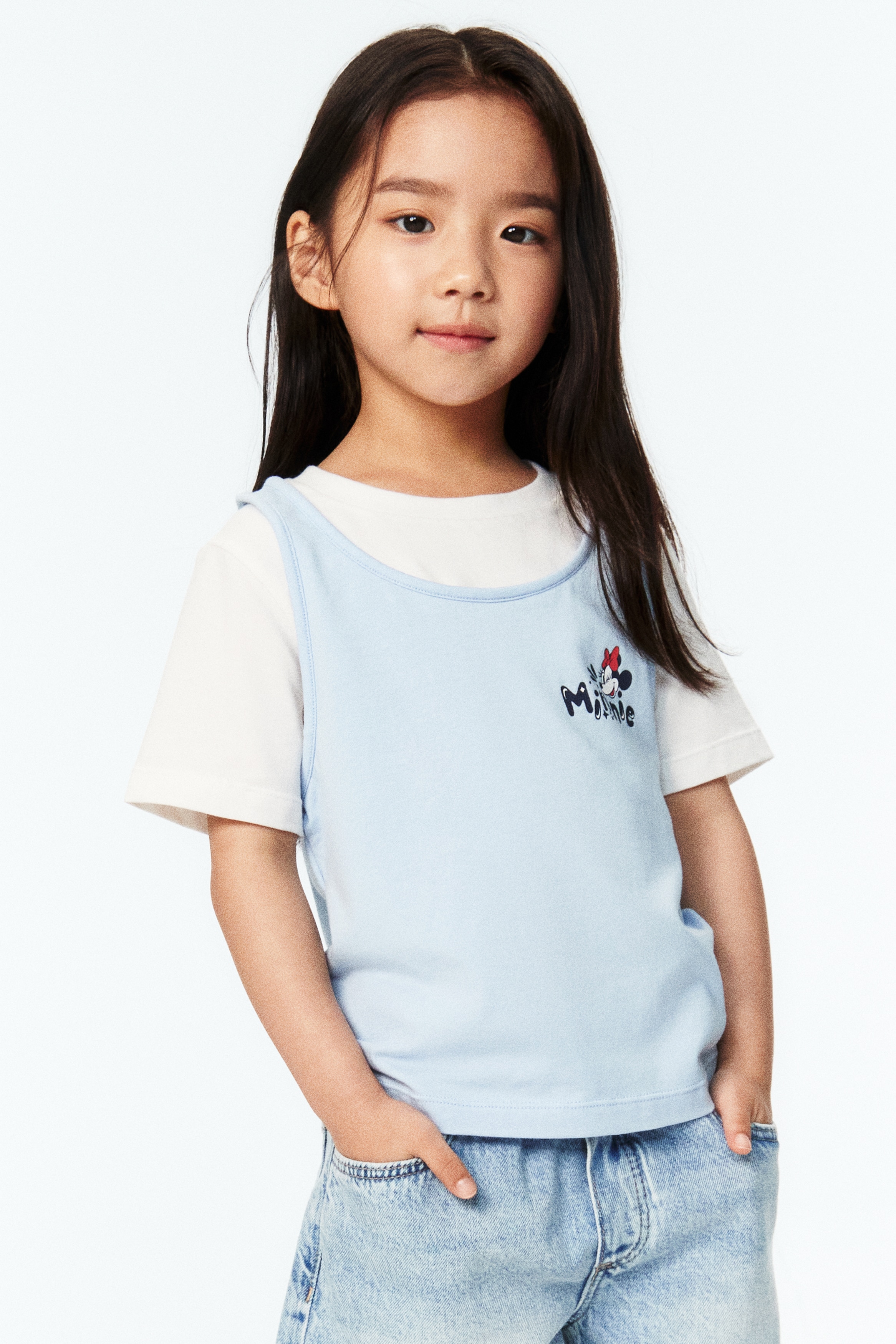 Áo cotton xếp lớp - Xanh dương nhạt/Chuột Minnie/Màu kem/Chuột Minnie