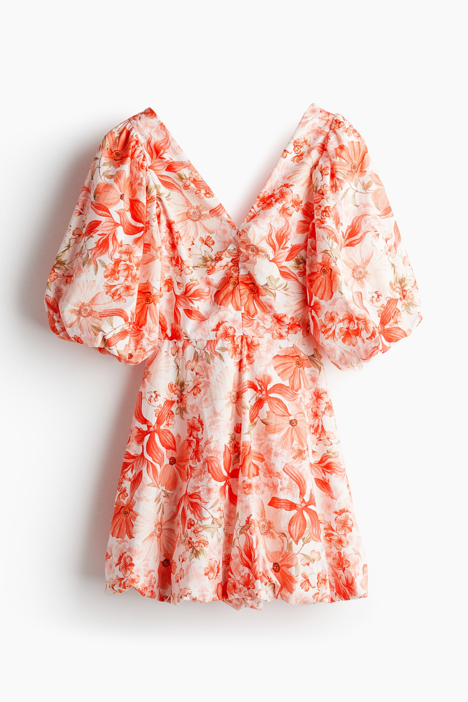 Tie-back puffy dress - Coral red/Floral - 2