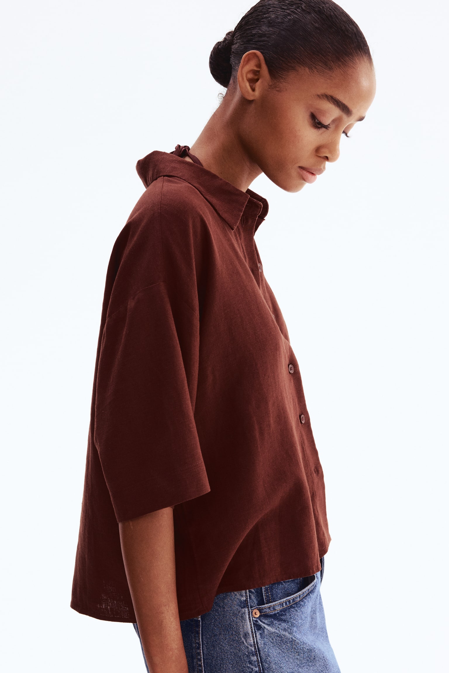 Linen-blend shirt - Dark brown/Bright red - 5