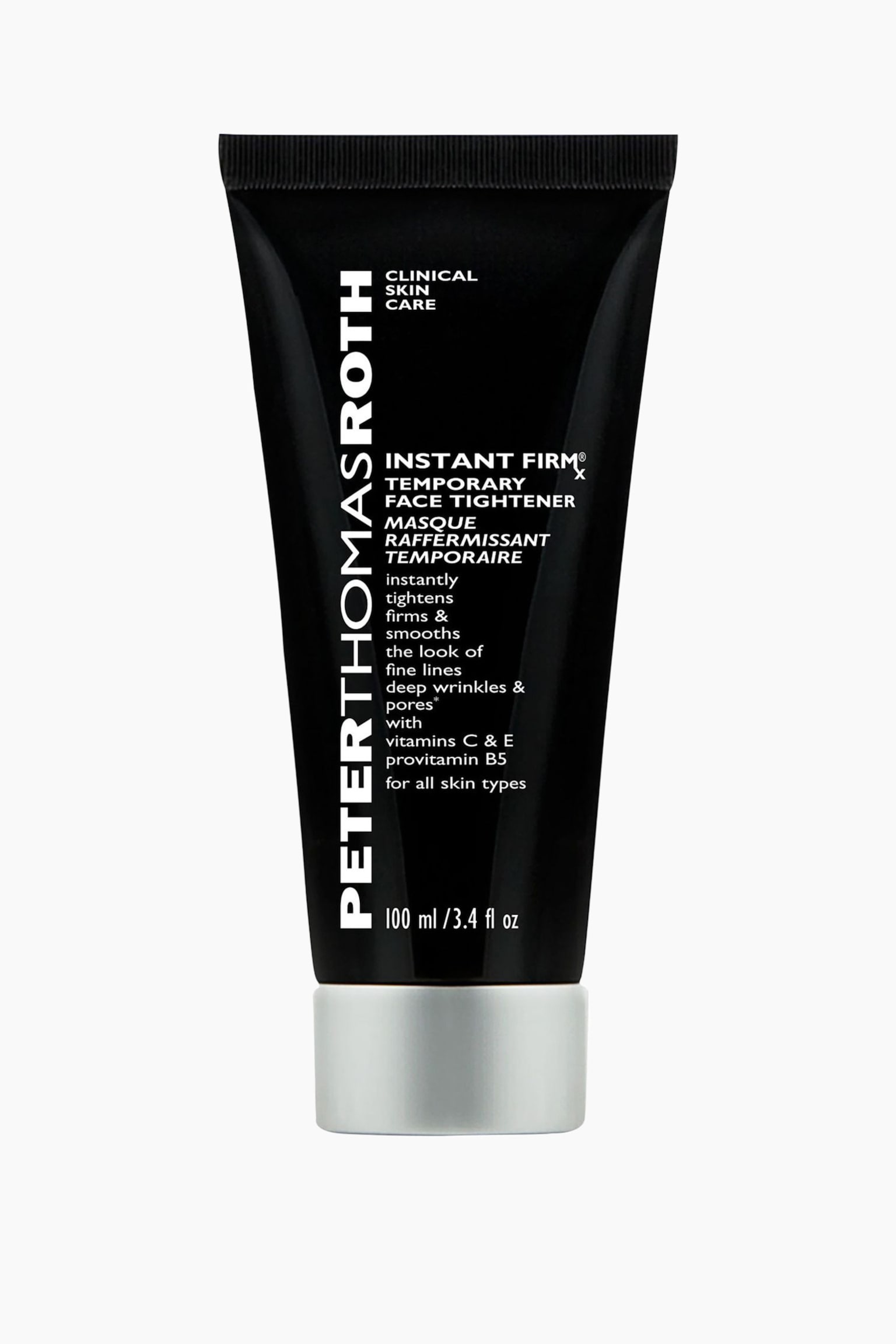 En svart Peter Thomas Roth Instant Firm Temporary Face Tightener Masque-tube står oppreist og viser frontetiketten med hvit tekst og en sølvfarget hette. - 1