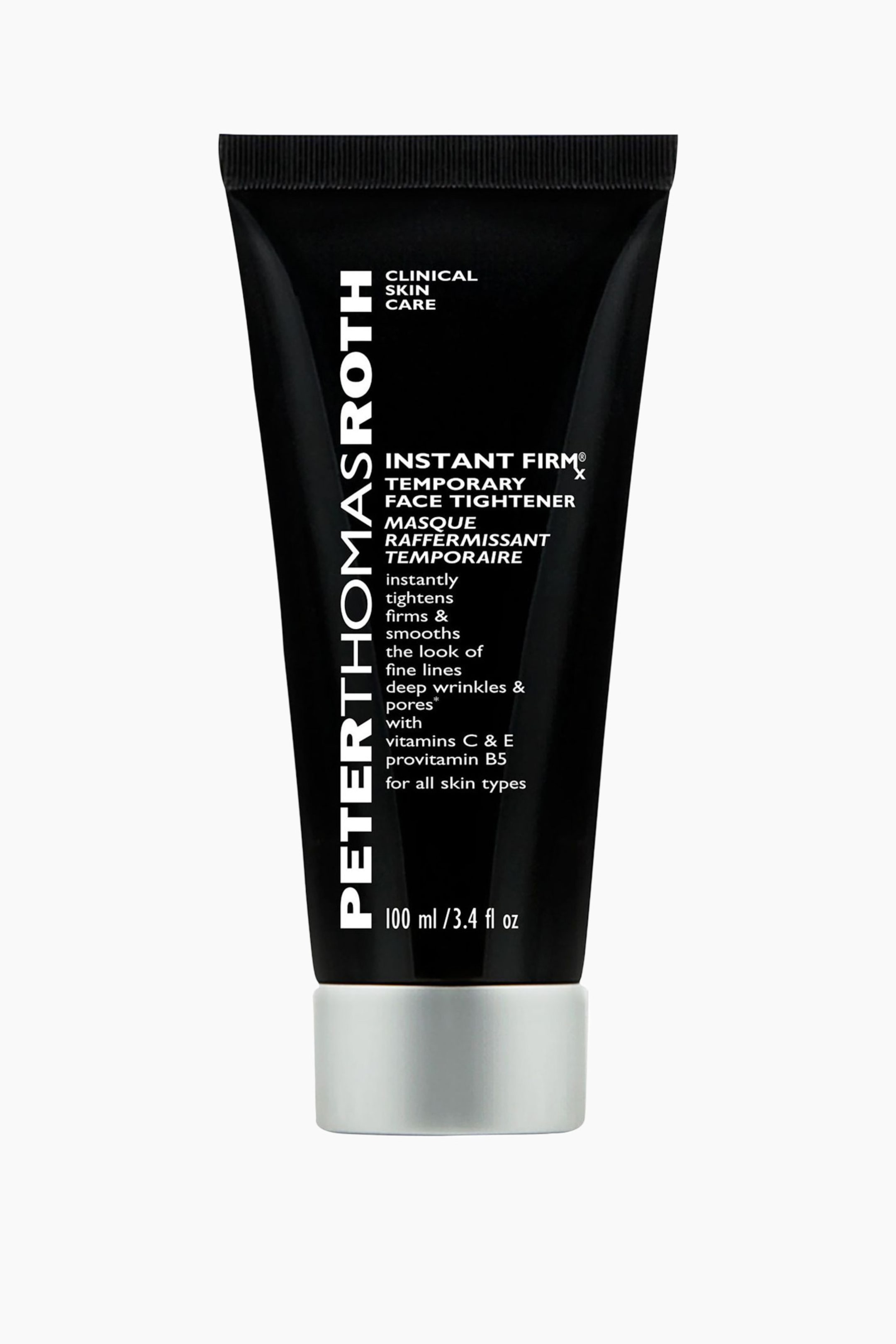 Näytä suurempi kuva: Musta Peter Thomas Roth Instant Firm Temporary Face Tightener Masque -tuubi seisoo pystyasennossa, etupuolen valkoinen teksti näkyvissä ja hopeanvärinen korkki.