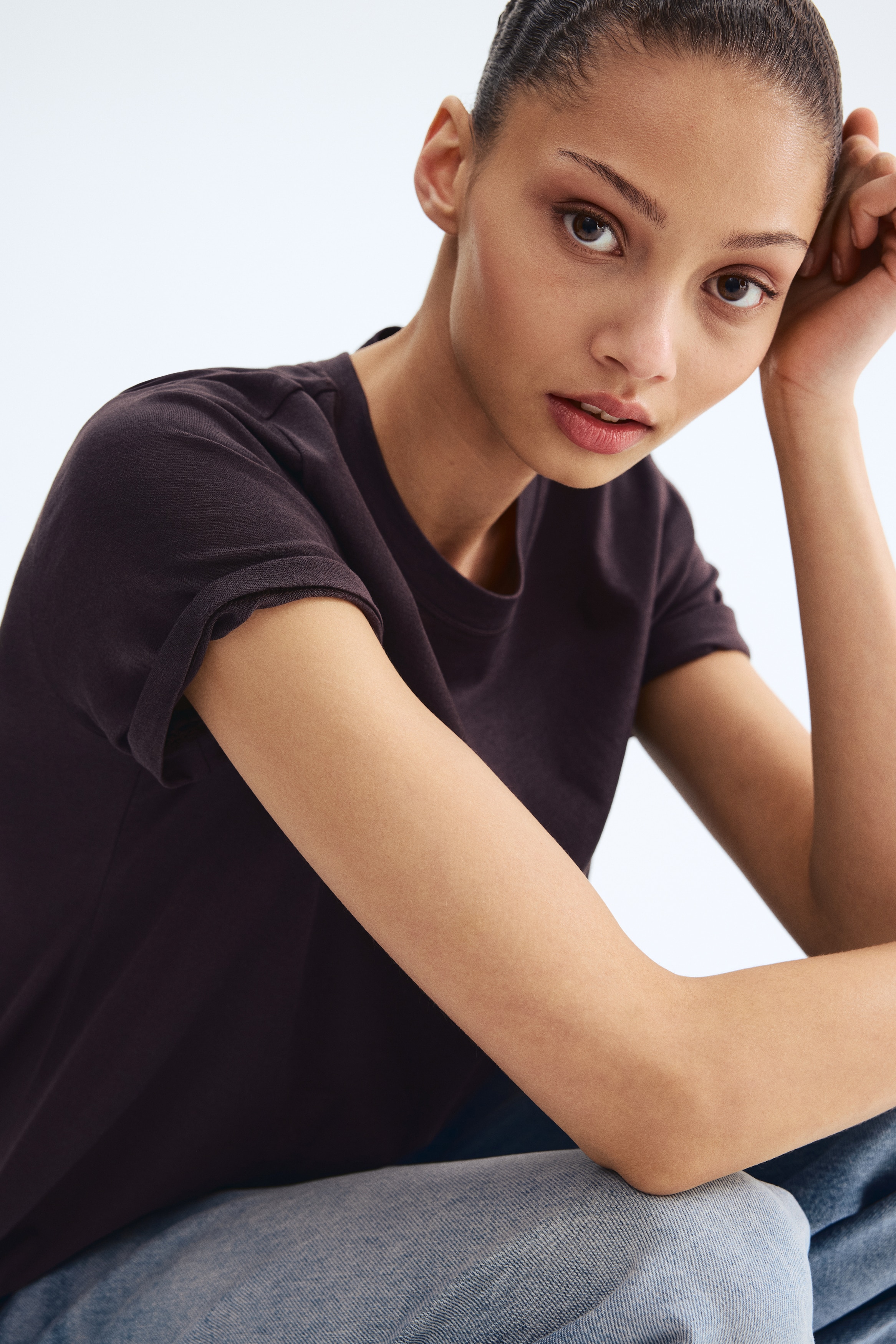 T-shirt in misto seta - Marrone scuro/Bianco/Nero/Talpa