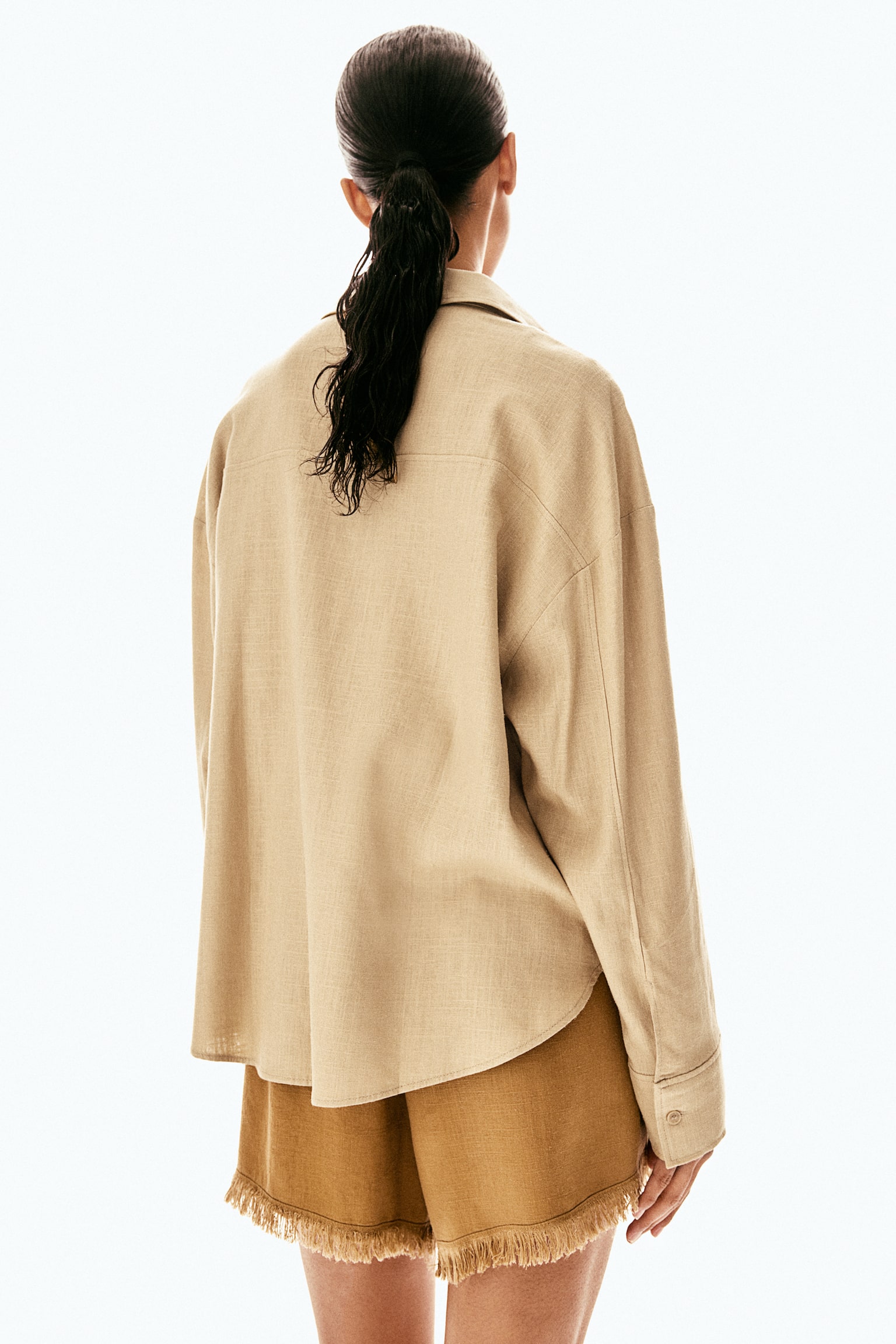 Oversized Linen Blend Cargo Shirt - Beige/Light beige/Dark grey - 4