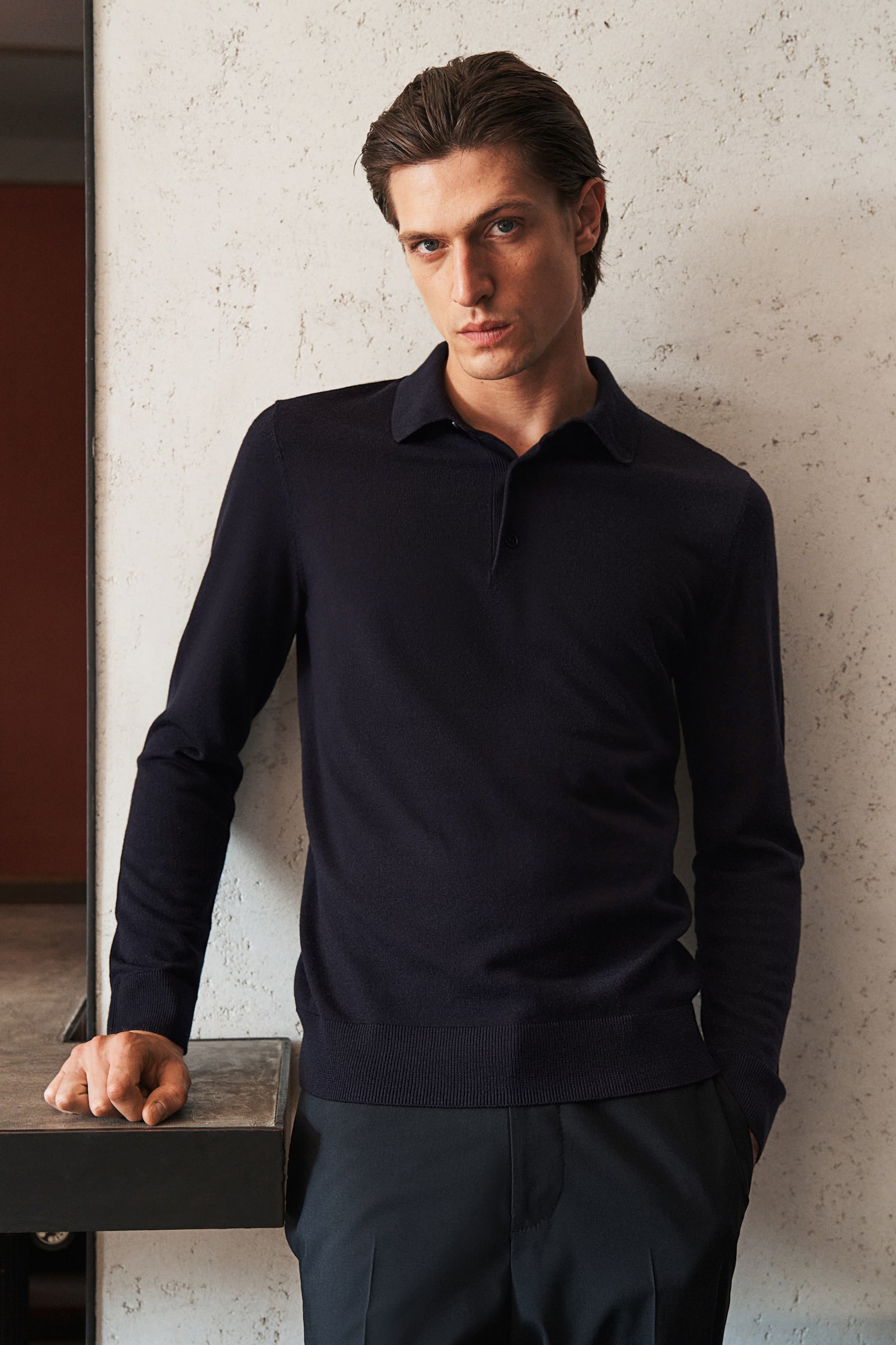 Slim Fit Wool polo shirt - Dark blue/Black/Dark grey/Greige - 1