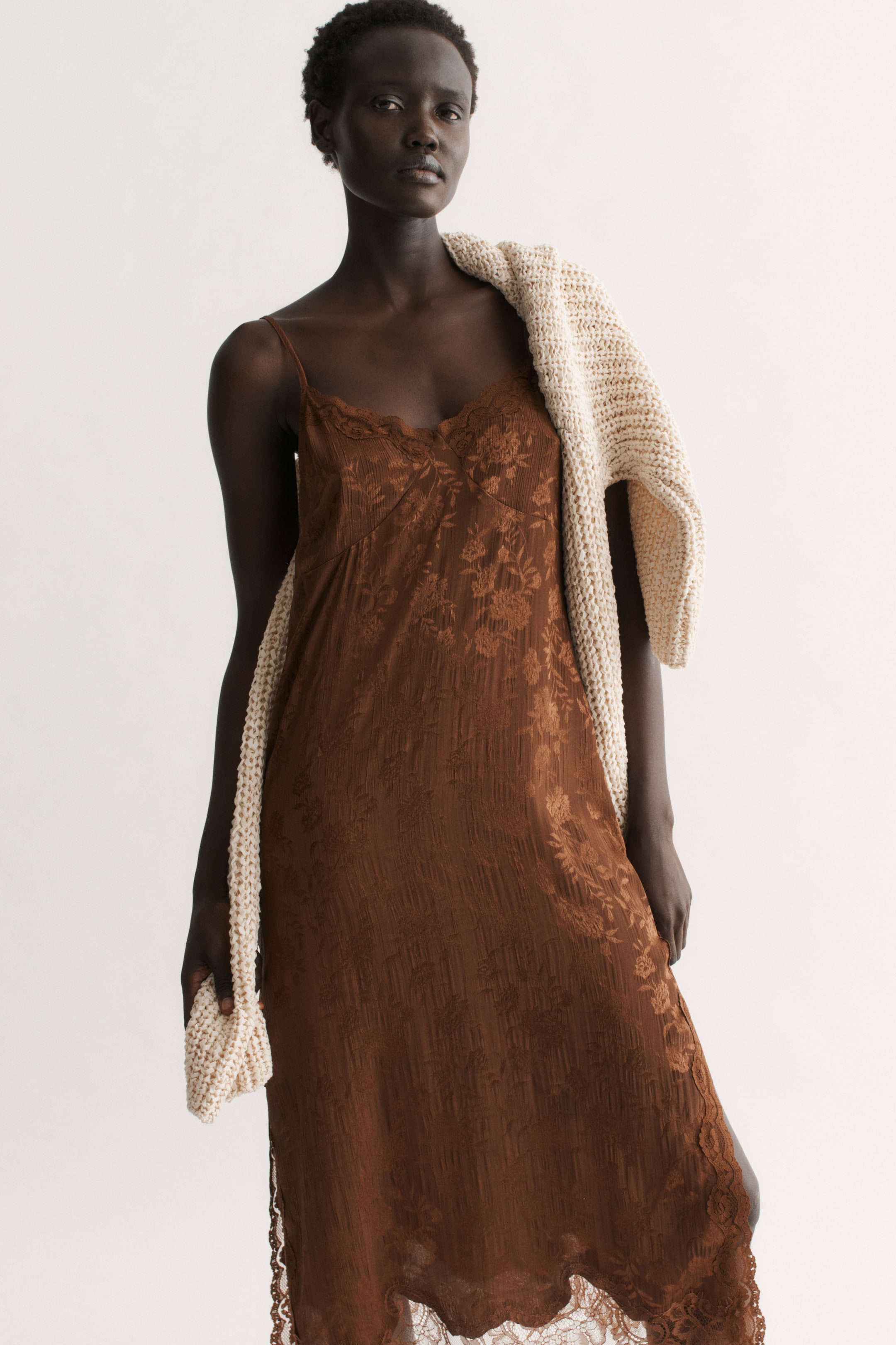 View larger image: Lace-Trimmed Brocade Dress - Dark brown - Ladies | H&M US 1
