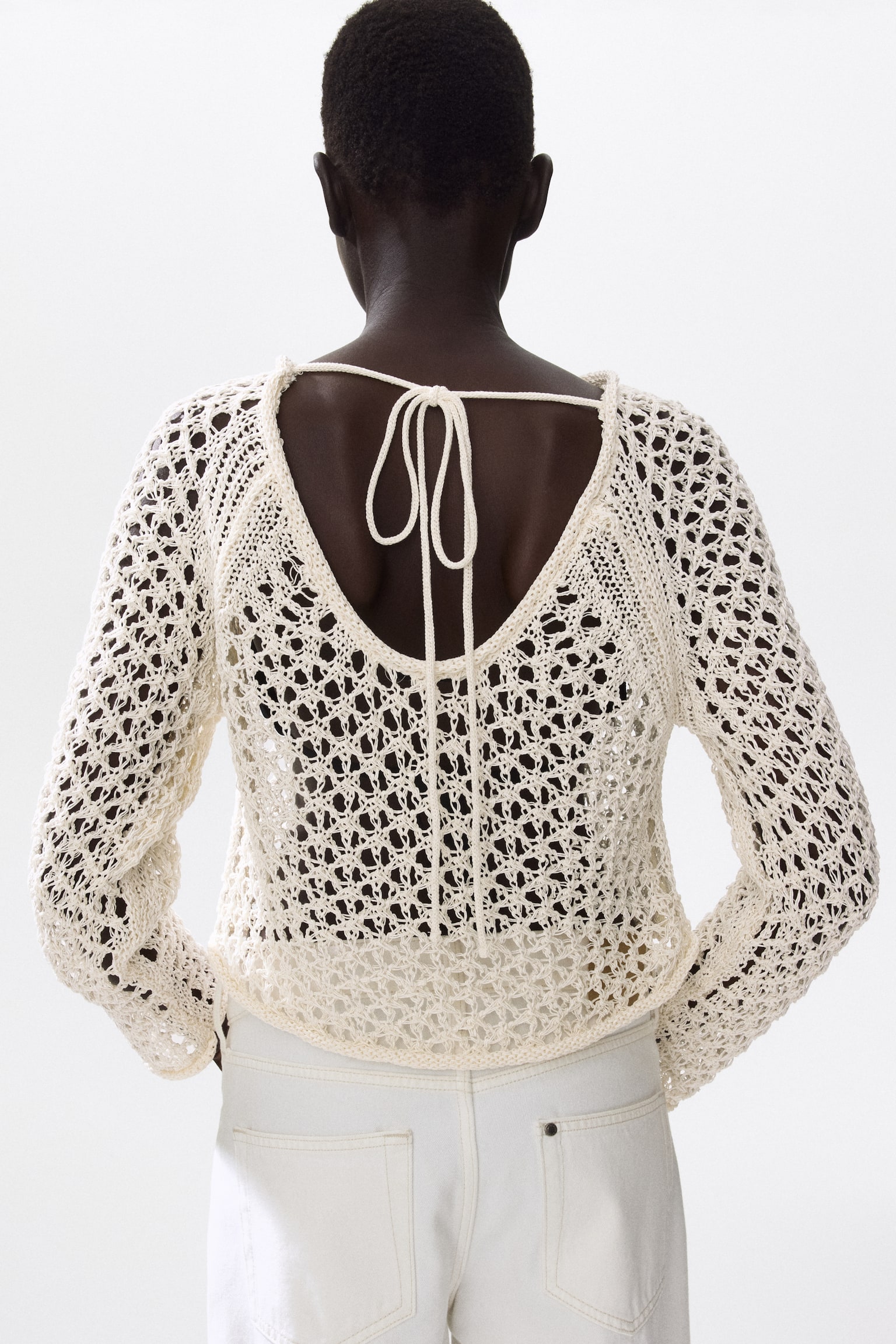 Женский топ H&M Tie-Detail Crochet-Look Top, цвет: Кремовый — фото 5