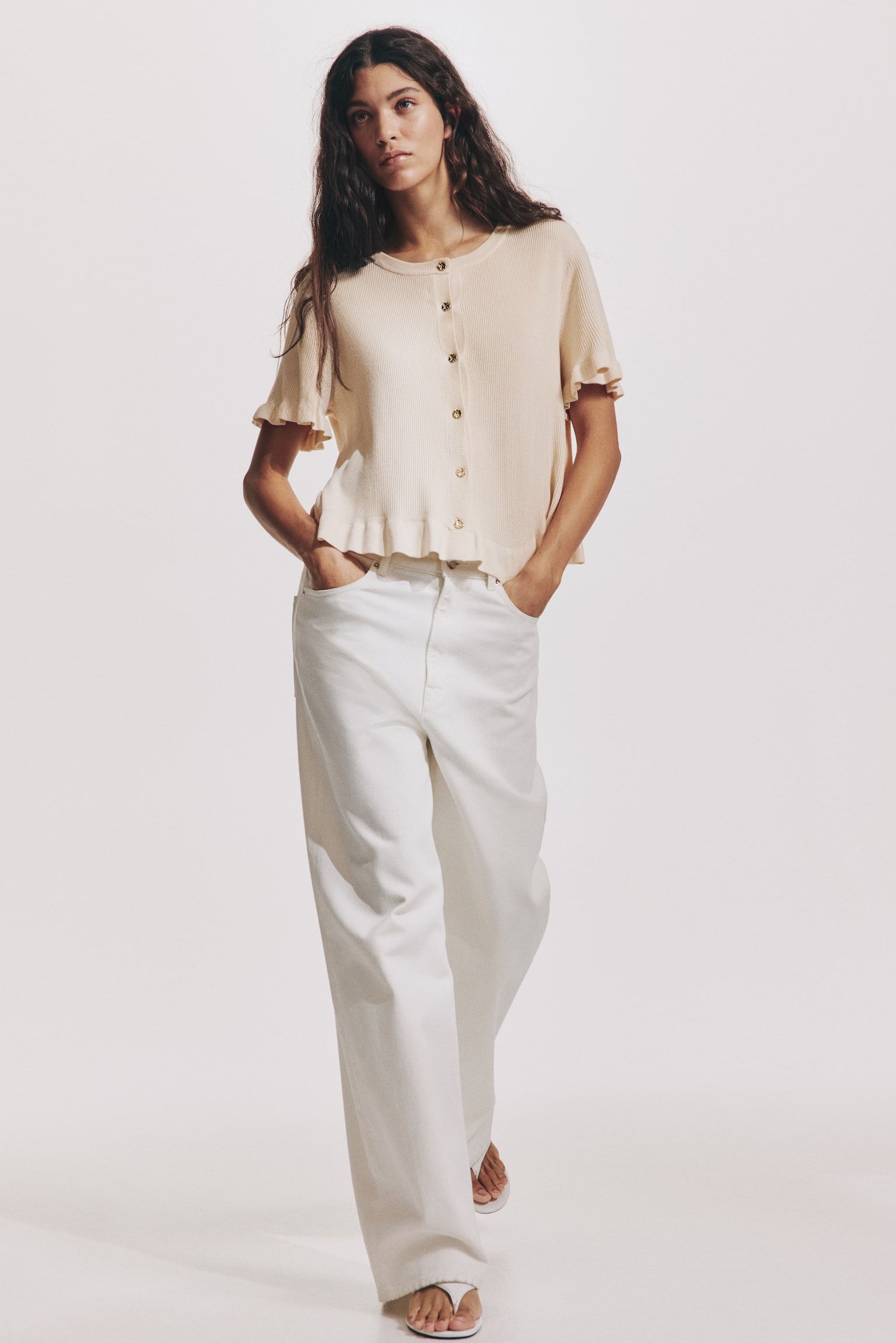 Frill-trimmed cardigan - Màu be nhạt - 2