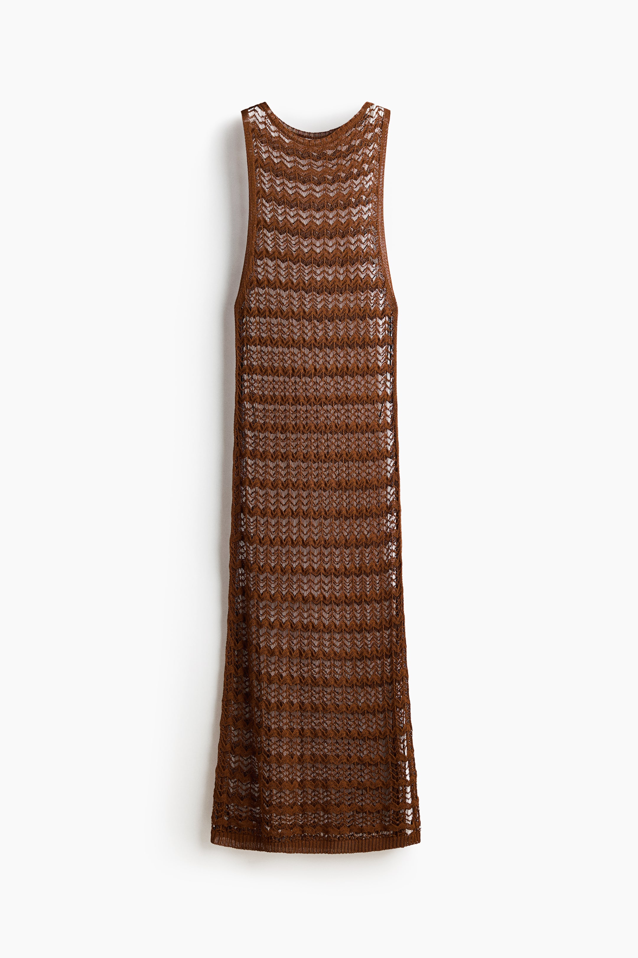 View larger image: This brown, ankle-length, sleeveless beach dress is showcased from the front. It features a pointelle knit with a slim fit, a round ribbed neckline, and a ribbed hem with a high slit on one side.