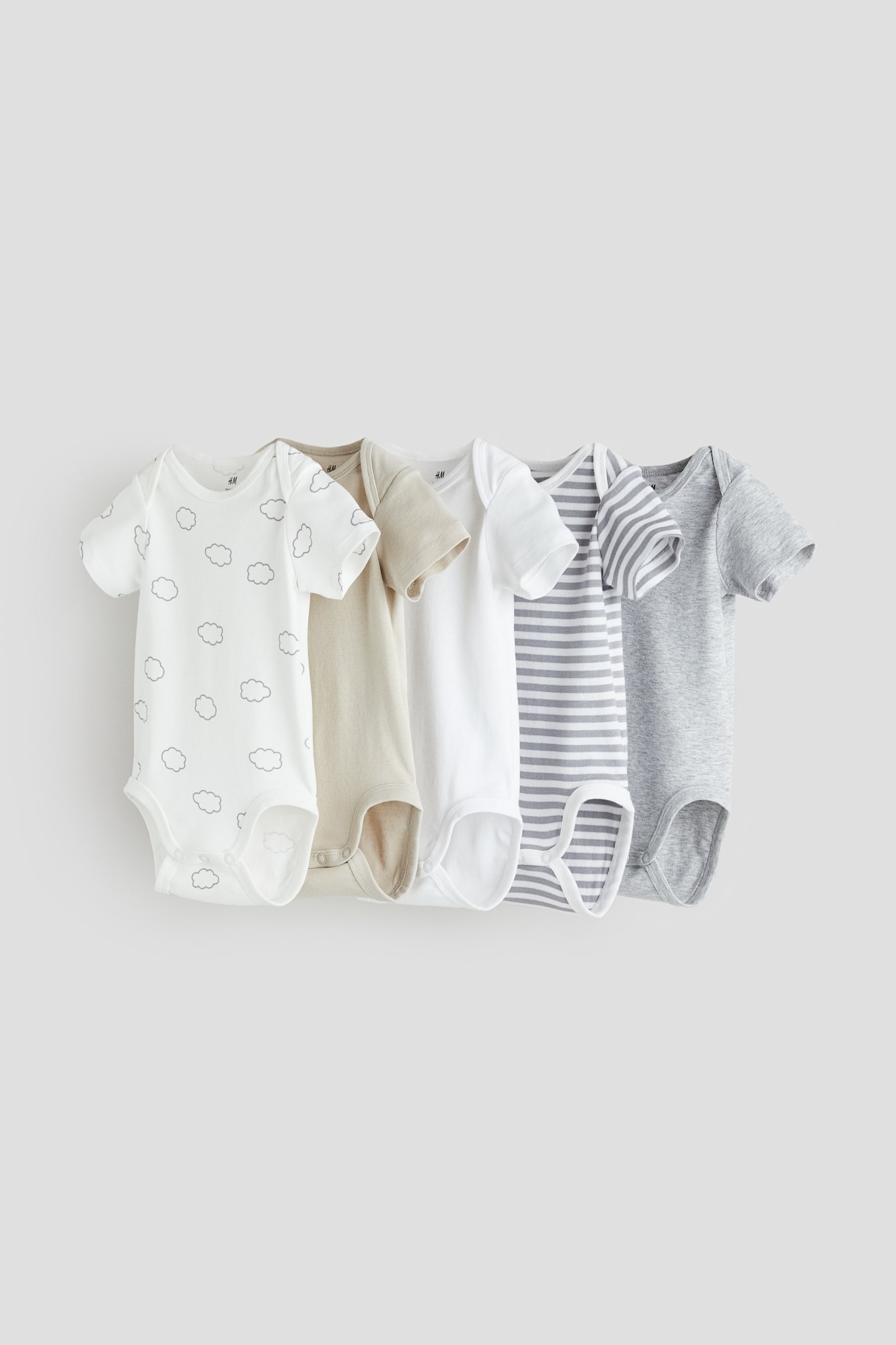 5-pack Cotton Bodysuits - Grey/Clouds/Beige/Turtles/Light green/Bears/Beige/Hearts/Dusty green/Frogs/Dusty pink/Floral/Light pink/Spot/Beige/Stripe/Light Pink/Strawberries/Light yellow/Bee Happy/Light purple/Stripe - 1