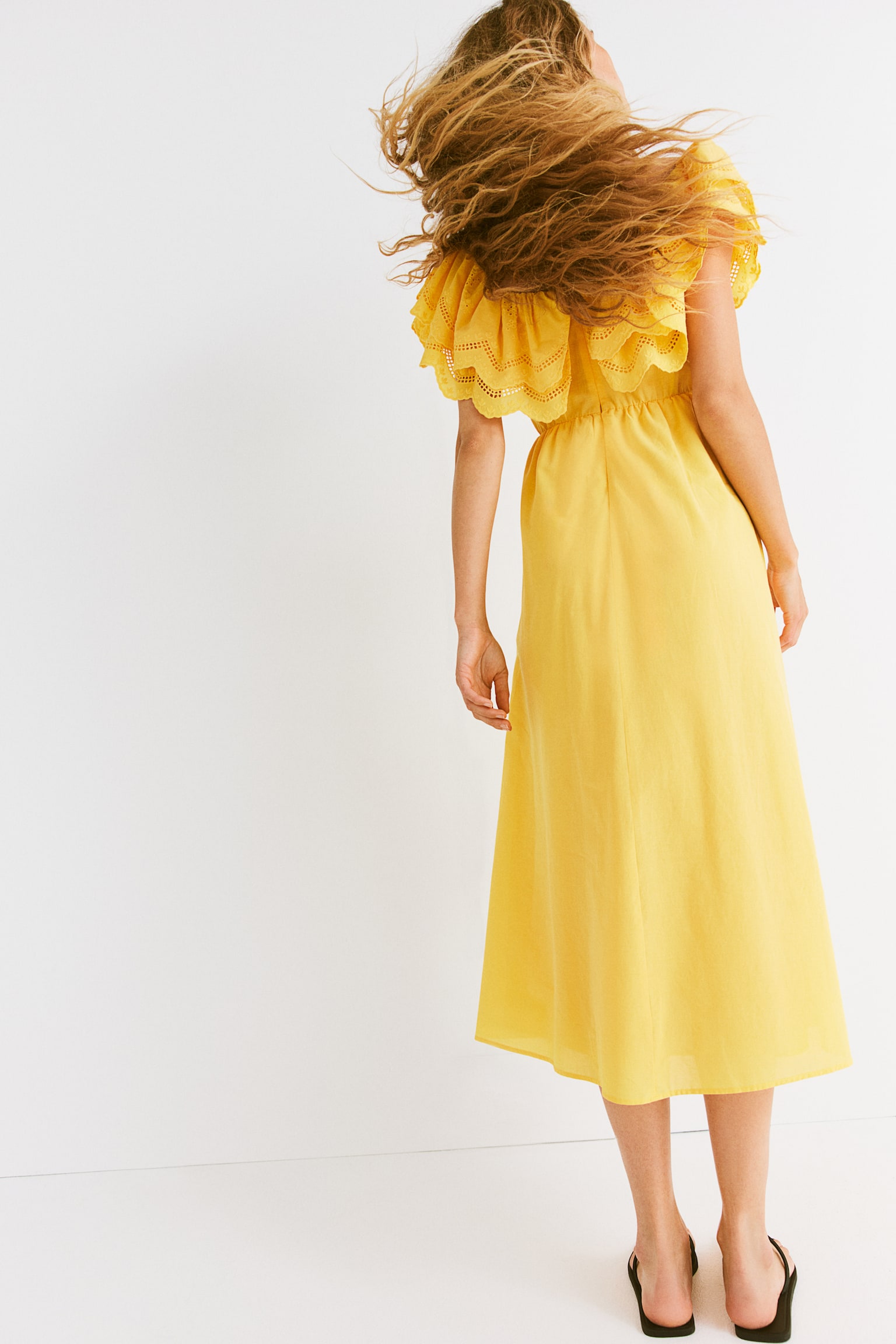 Off The Shoulder Cotton Dress - Yellow/White - 4