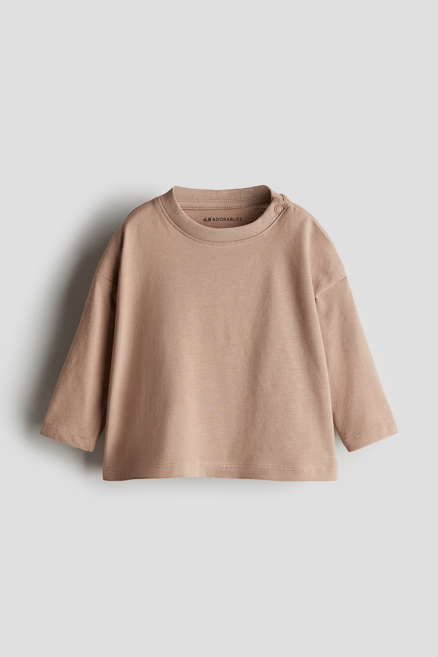 Long-sleeved cotton T-shirt - Dark beige/White - 1