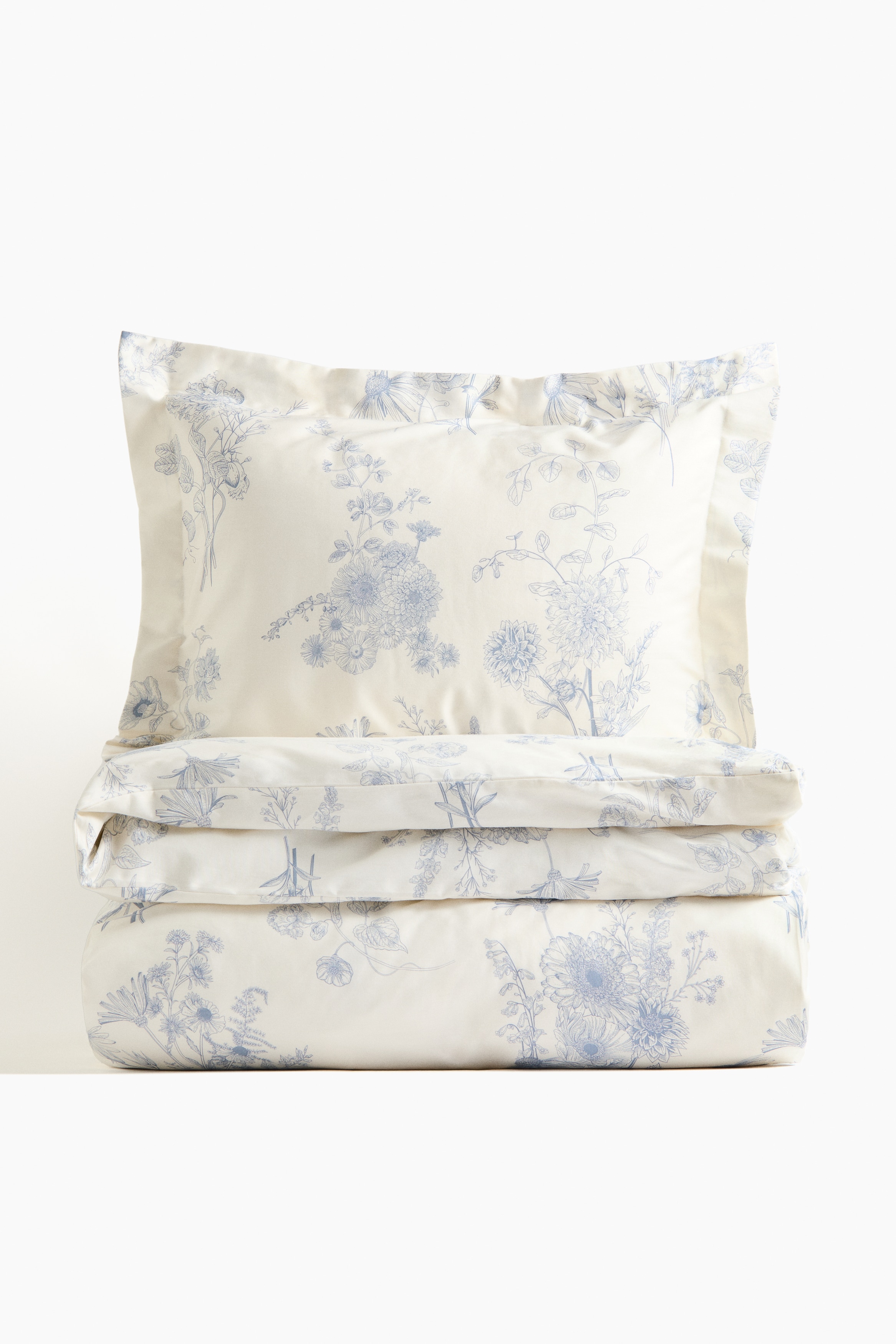 Parure de couette lit simple en satinette de coton - Bleu clair/fleuri