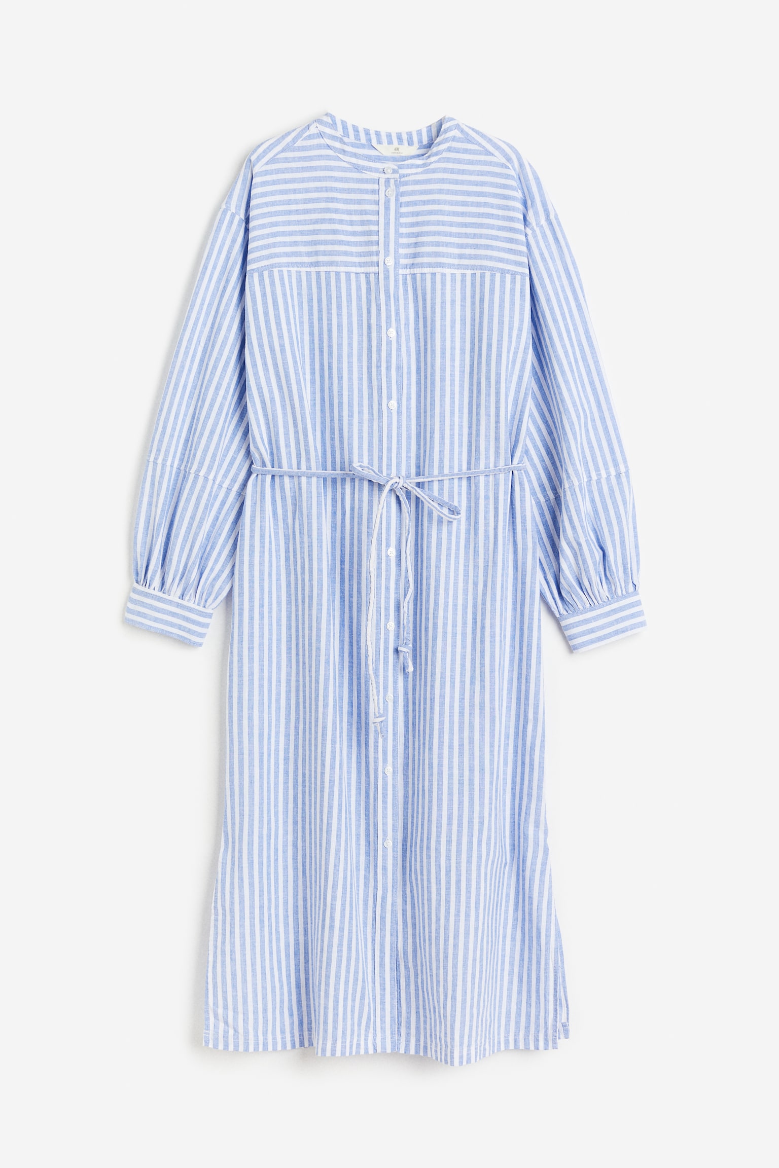 Linen Blend Shirt Dress - Light blue/White stripe/Green/Stripe - 1