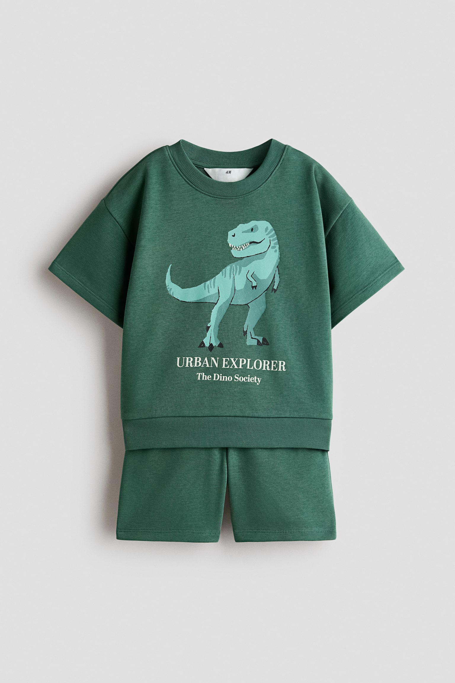 Детский комплект H&M 2-Piece Printed Sweatshirt and Sweatshorts Set, цвет: Тёмный зелёный — фото 1