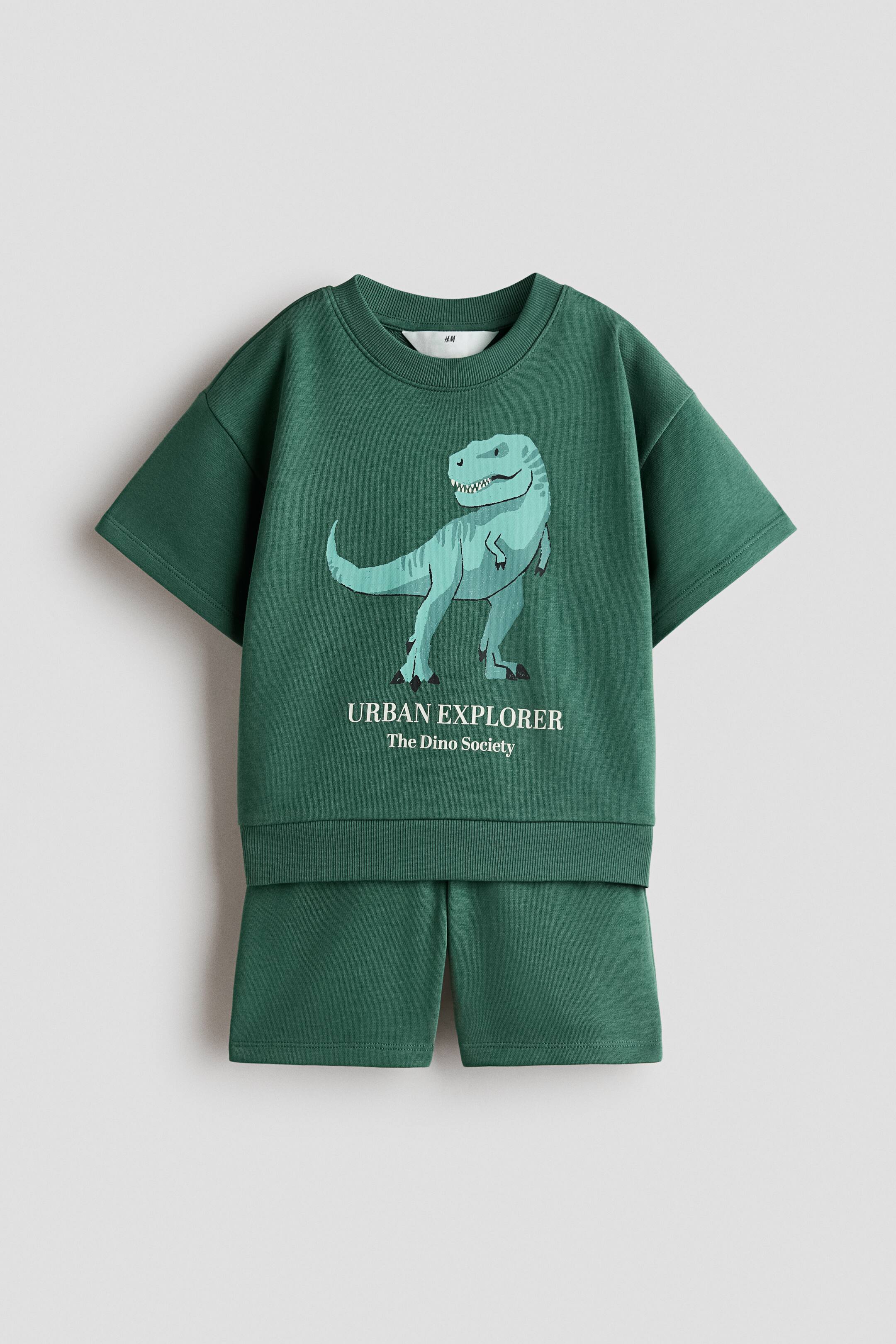 View larger image: 2-piece printed sweatshirt set - Dark green/Dino - Kids | H&M 1