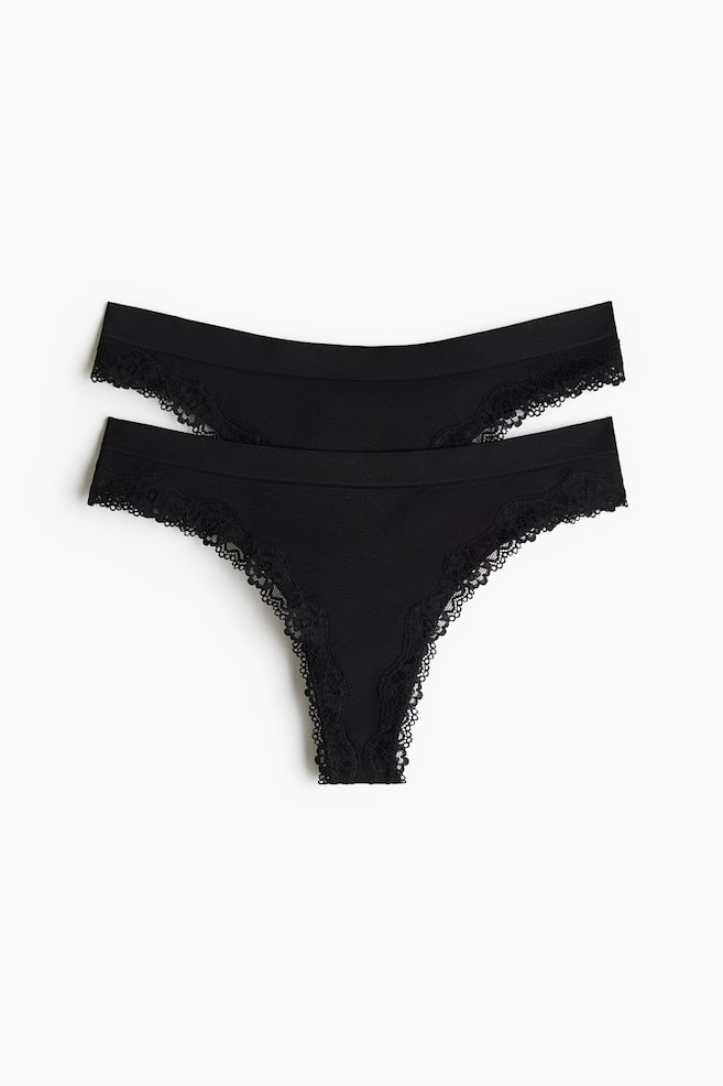 Set van 2 seamless slips met kant - Thong - Zwart/Donkerbruin - 1