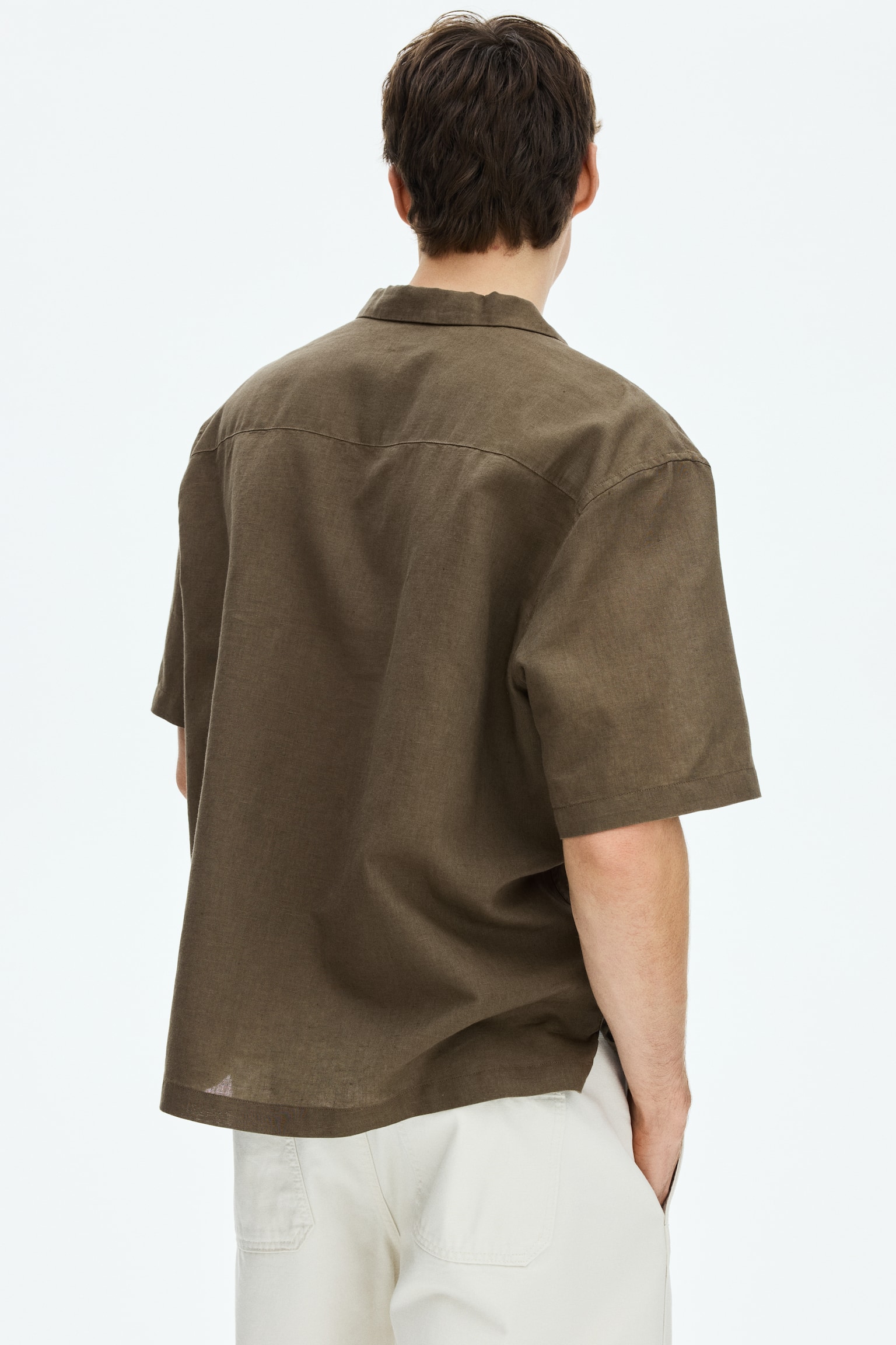 Relaxed Fit Linen-blend resort shirt - Dark khaki green/Light beige/White/Black/White/Striped/Brown - 5