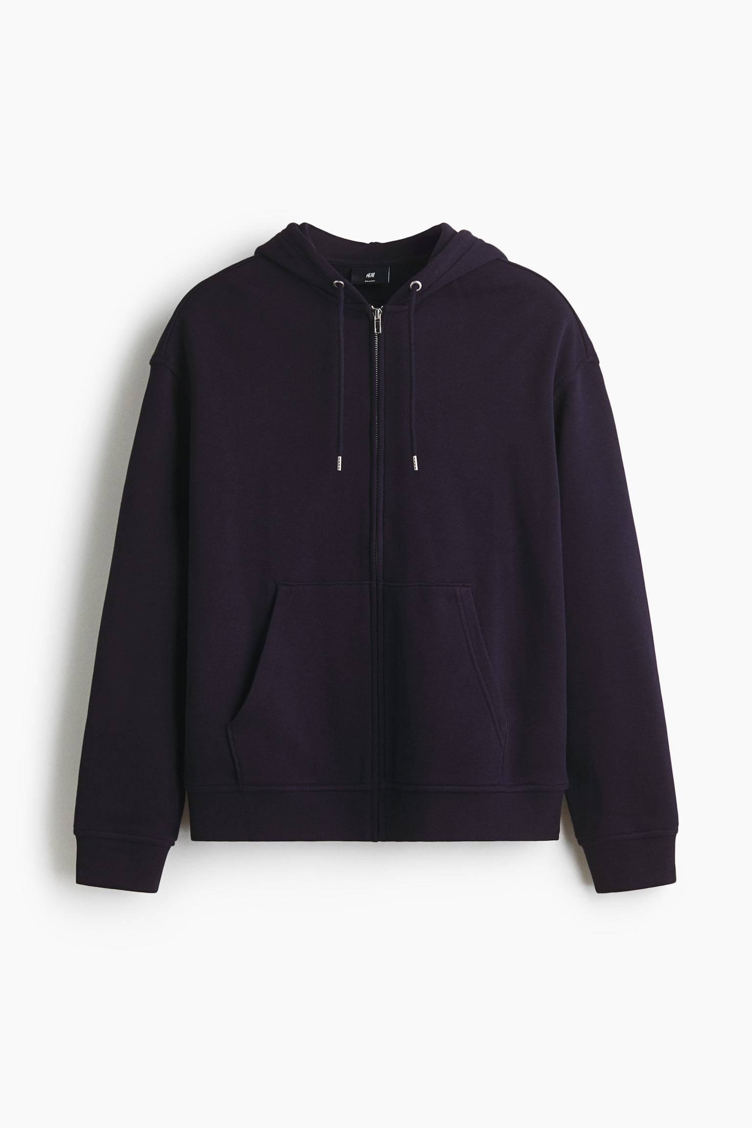 A dark navy zip-through hoodie is presenting its front view, featuring a hood with drawstrings, a full-length zipper, and a front kangaroo pocket. It is designed with dropped shoulders, long sleeves with ribbed cuffs, and a ribbed hem, showcasing a relaxed fit. - 1