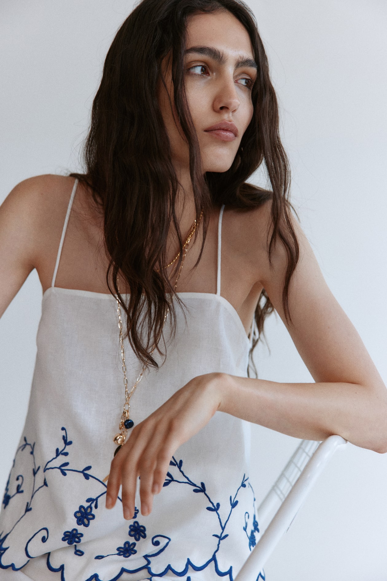 H&M Women's White/dark blue Embroidered Linen-Blend Top | H&M US
