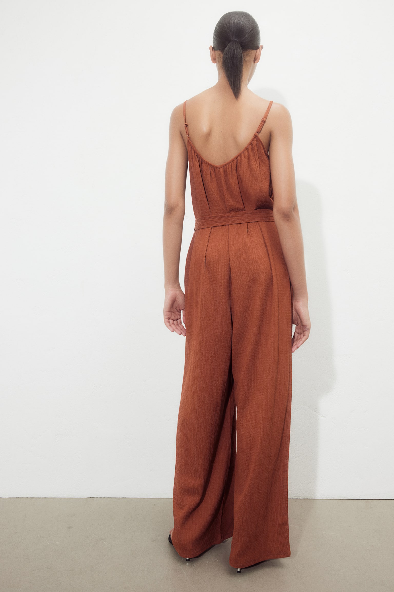 Tie Belt Jersey Jumpsuit - Rust brown/Light beige/Stripe/Black/Light beige/Black pattern - 3