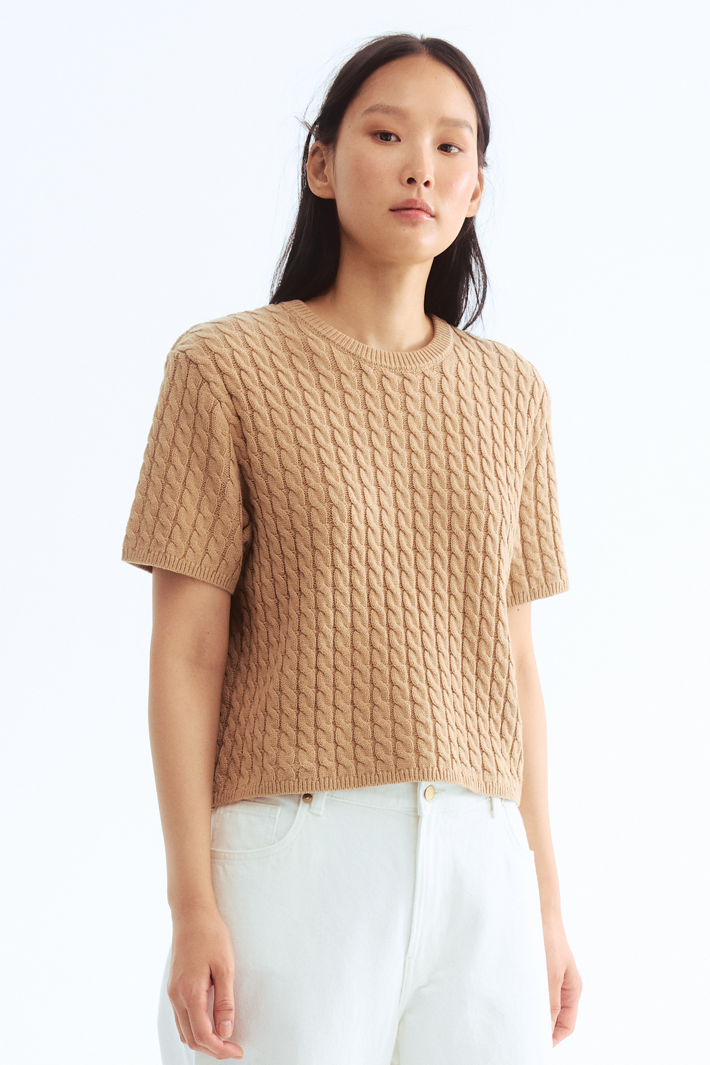 Cable-Knit Sweater - Beige/Navy blue/Cream