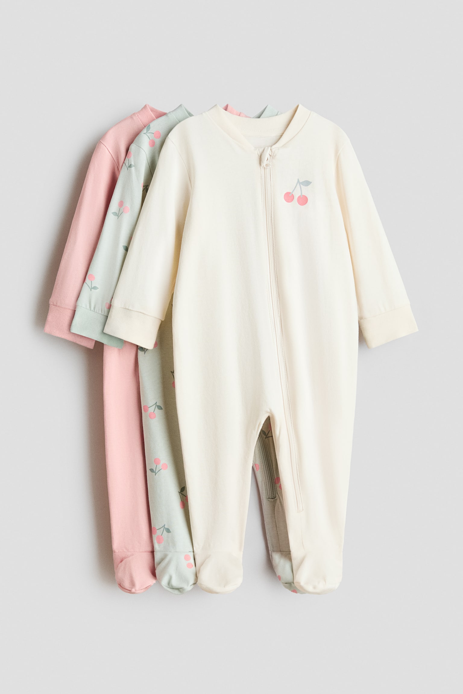 3-pack zip-up sleepsuits - Pink/Cherries/Beige/Puppies