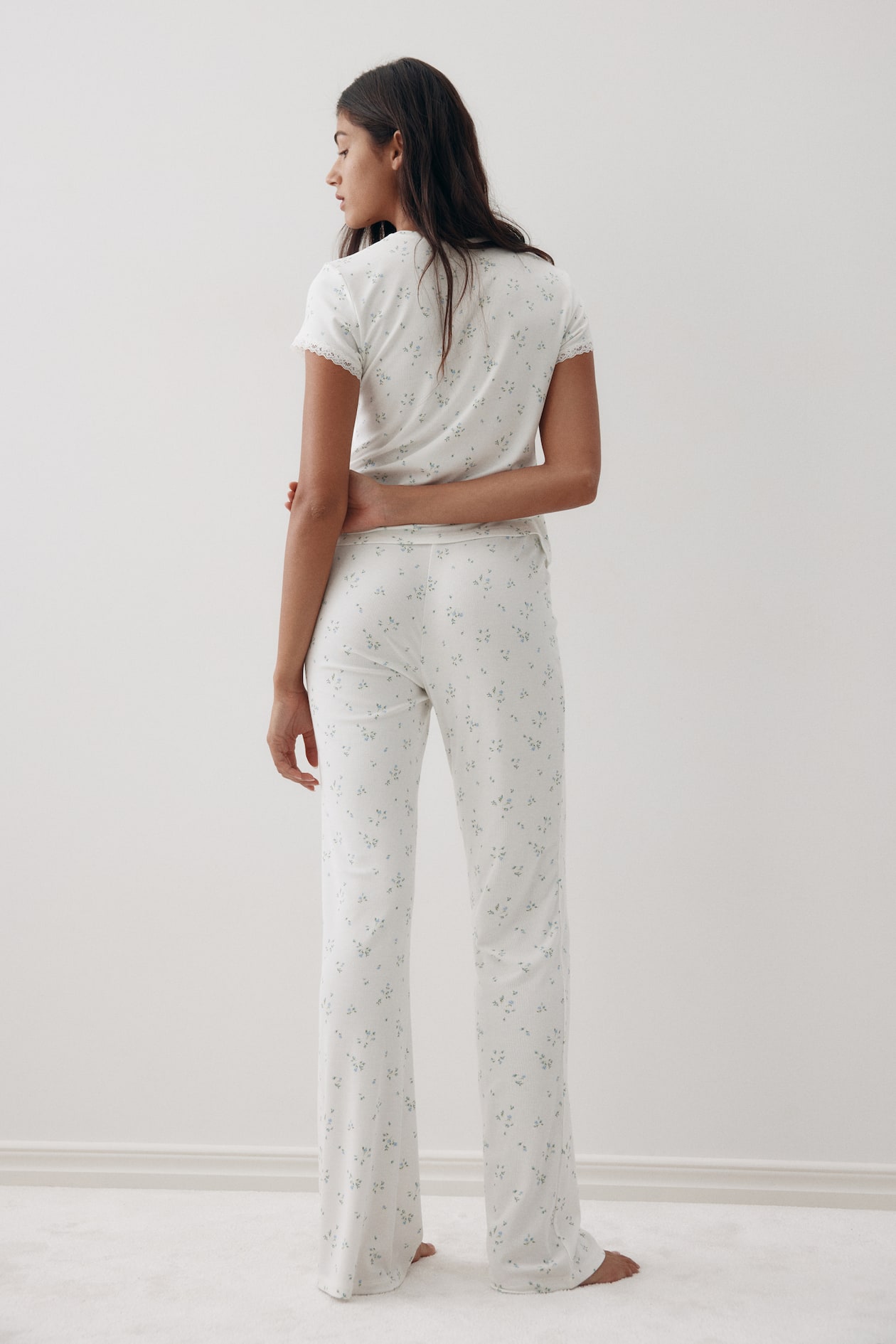 Women's White/blue floral Ribbed Modal Pajamas | H&M CA
