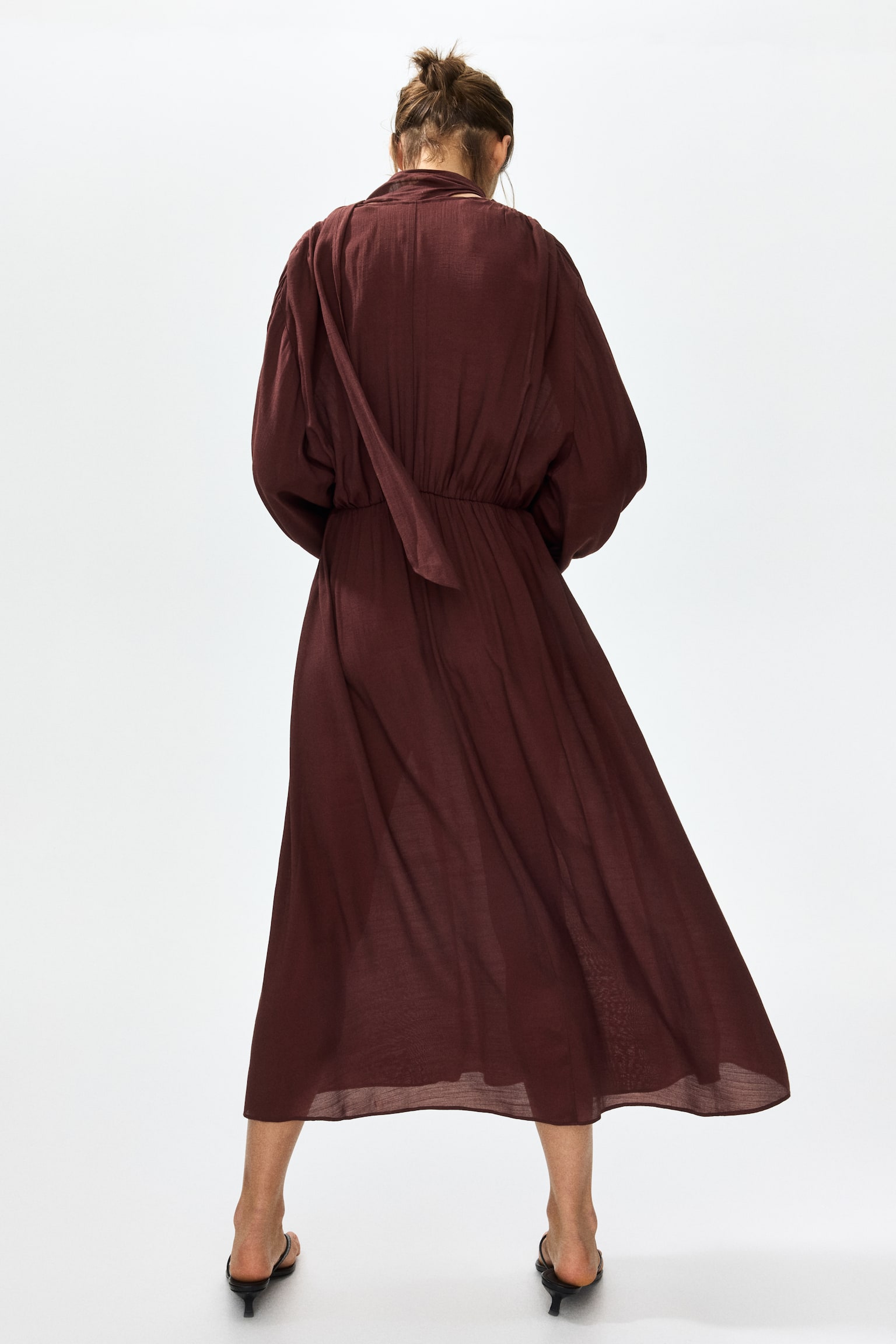 Scarf-Detail Balloon-Sleeved Dress-Burgundy - 5