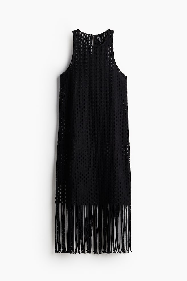 Crochet-look fringe-trimmed knitted dress - Black/Cream - 1