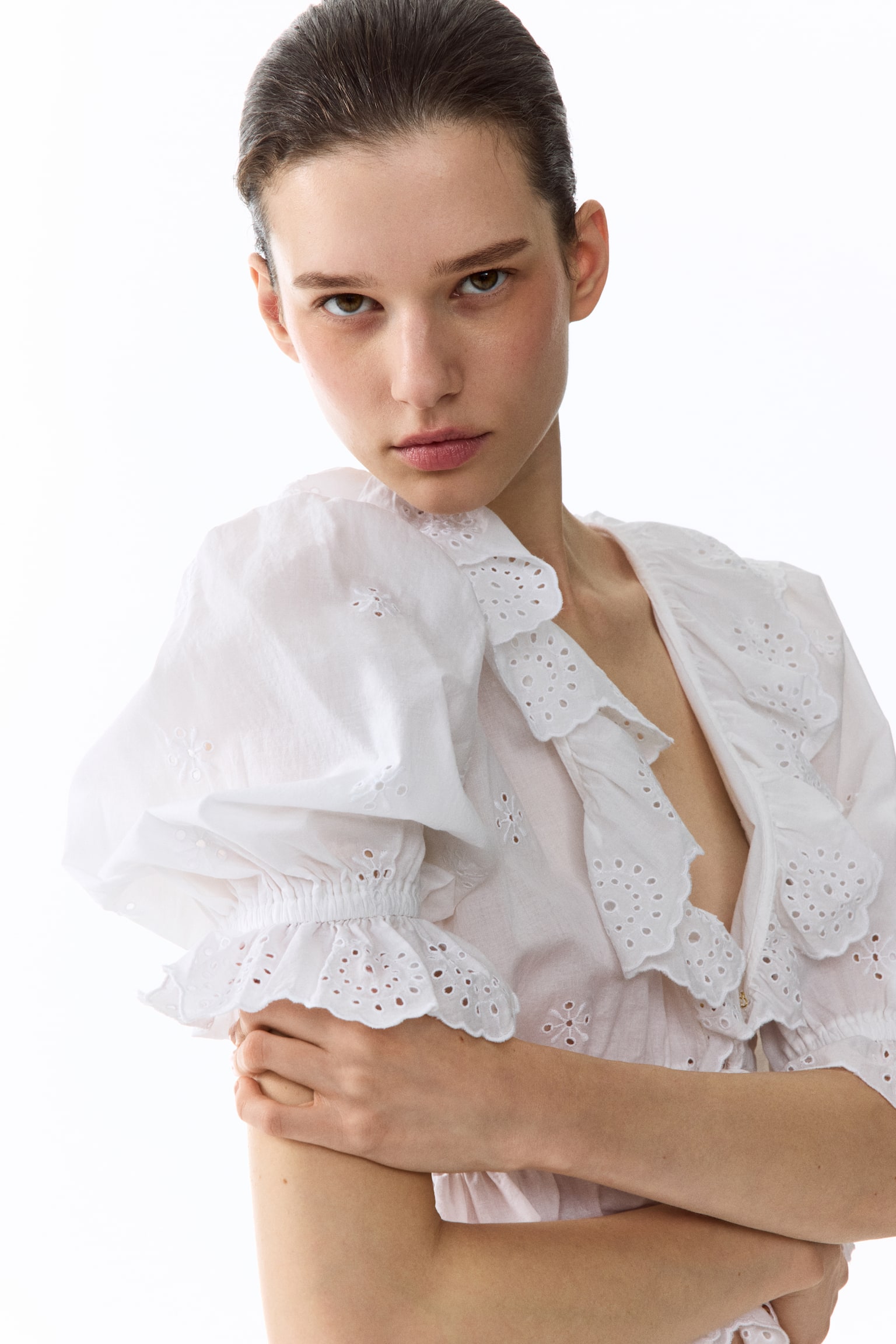 Blouse en coton avec broderie anglaise - Blanc/Rose poudré - 1