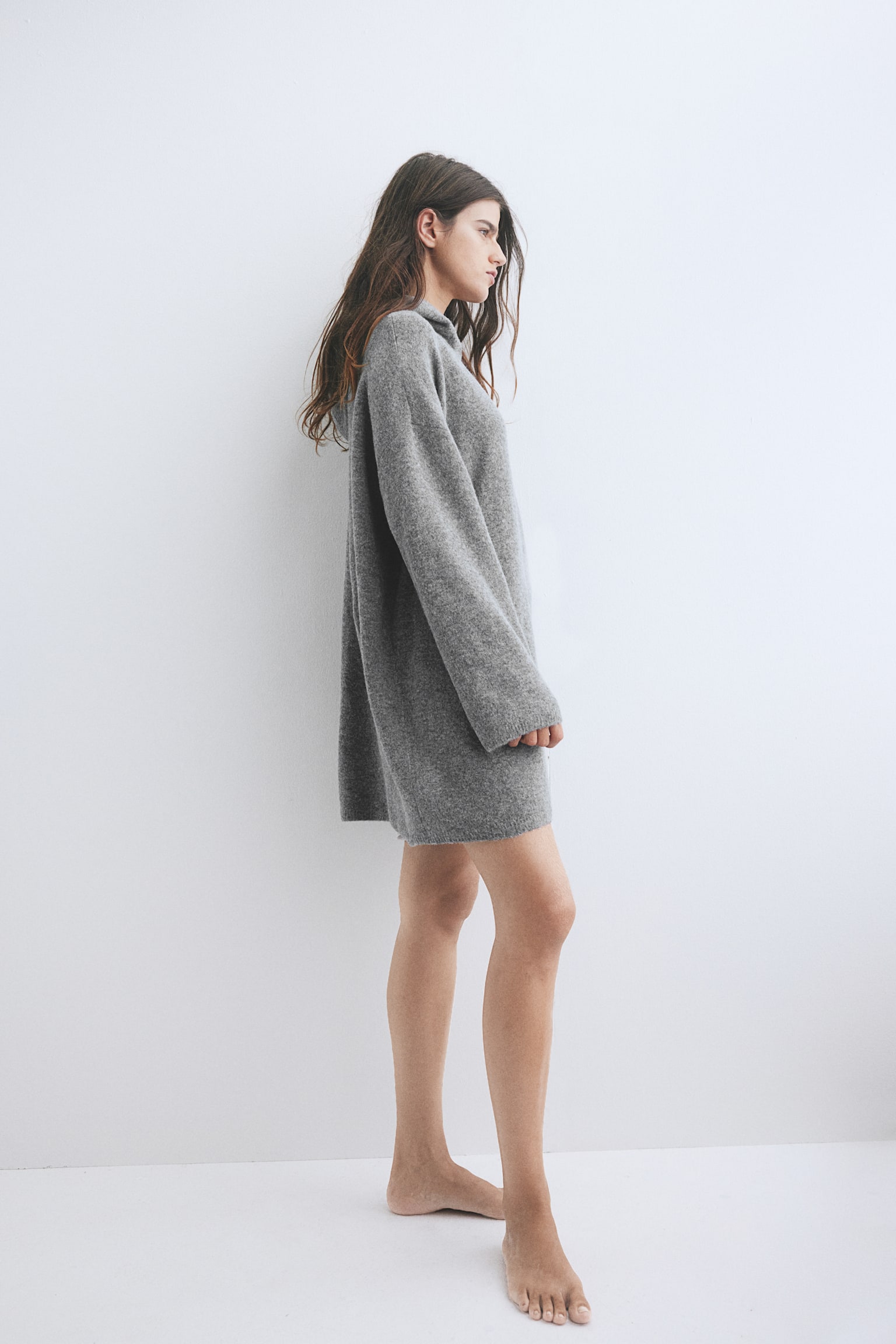 Hooded fine-knit dress - Grey marl/Beige marl - 7