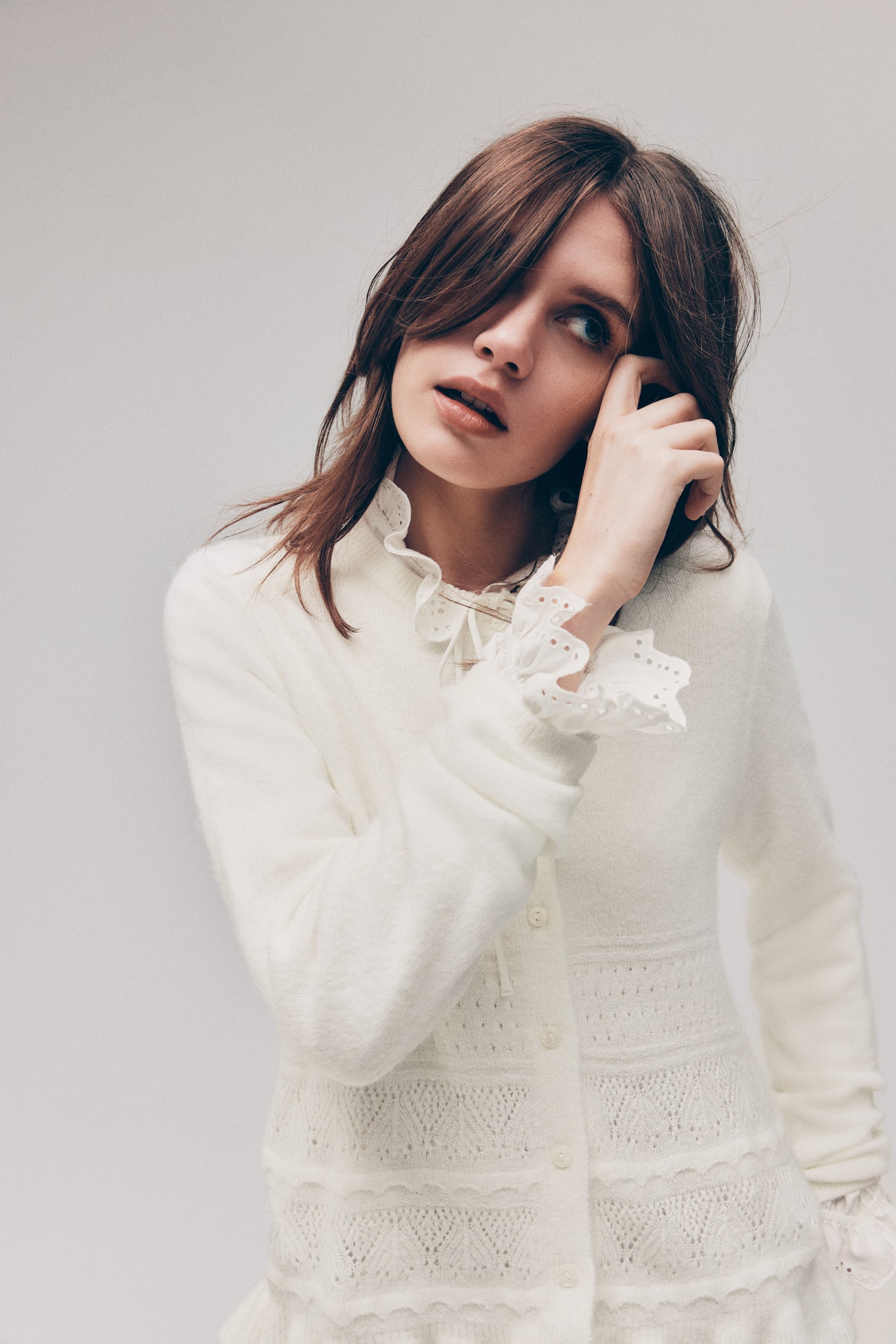 網紗花式鉤織開襟衫 - 白色/海軍藍/混灰色 - 4