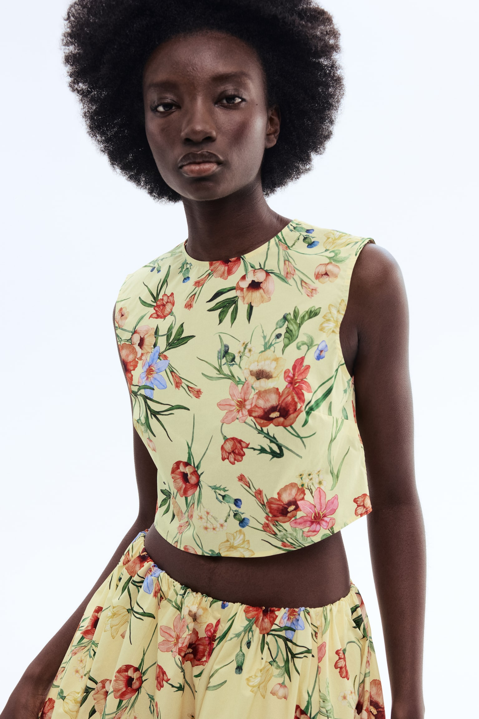 Cropped poplin top - Light yellow/Floral - 1