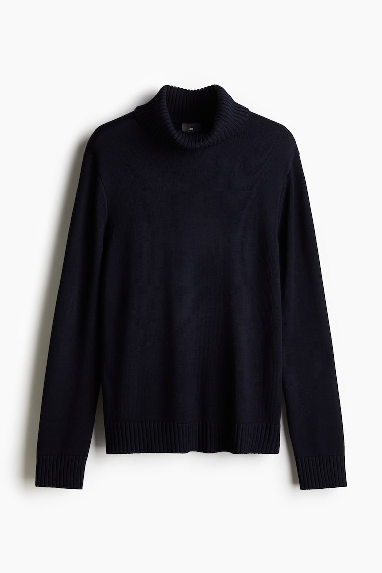 Cotton-Blend Mock-Turtleneck Sweater Navy blue Men H&M US