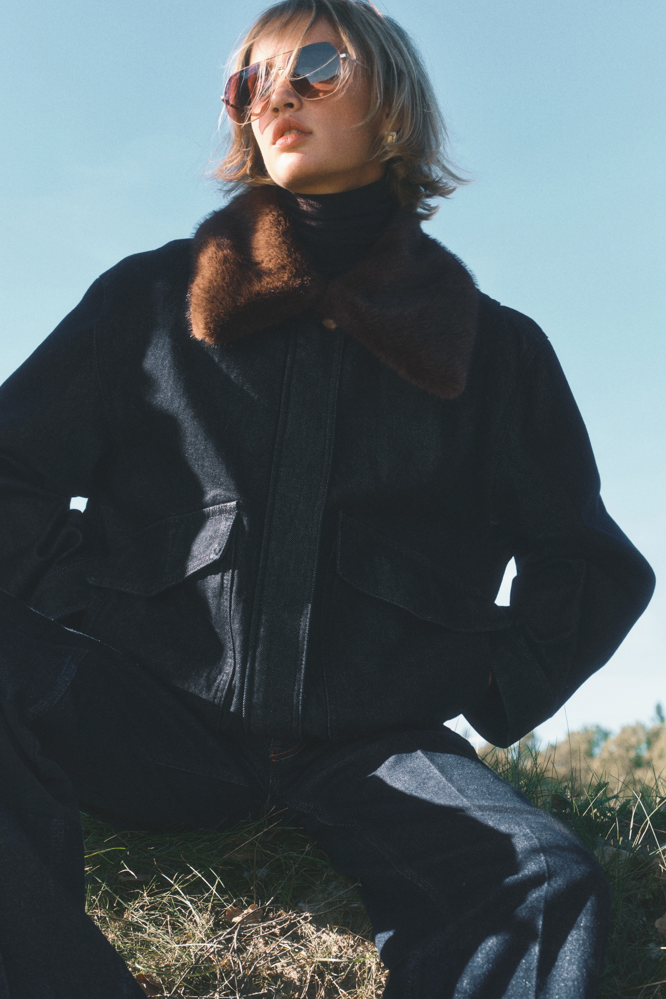 H & M - フラッフィカラー デニムジャケット - ブルー