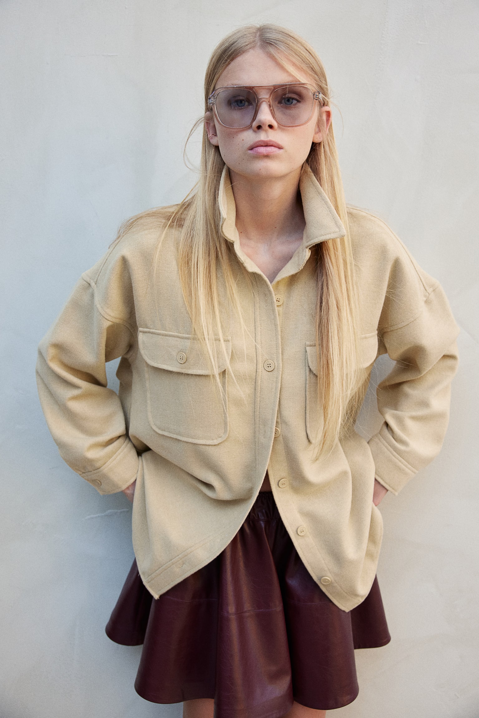 Oversized twill shirt - Beige/Beige/Checked/Dark brown - 1