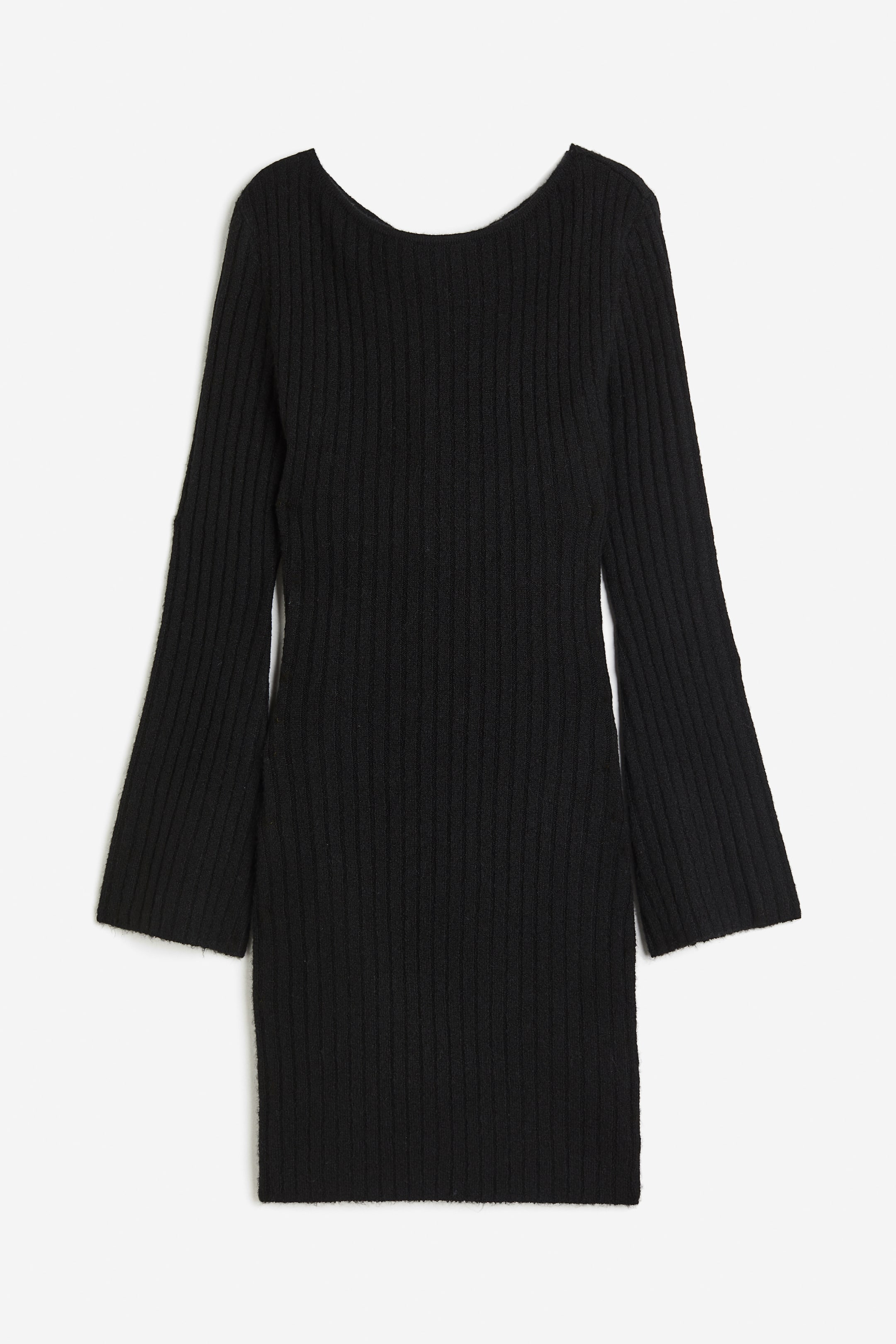 Twist-detail Rib-knit Dress - Round Neck - Long sleeve - Black - Ladies ...