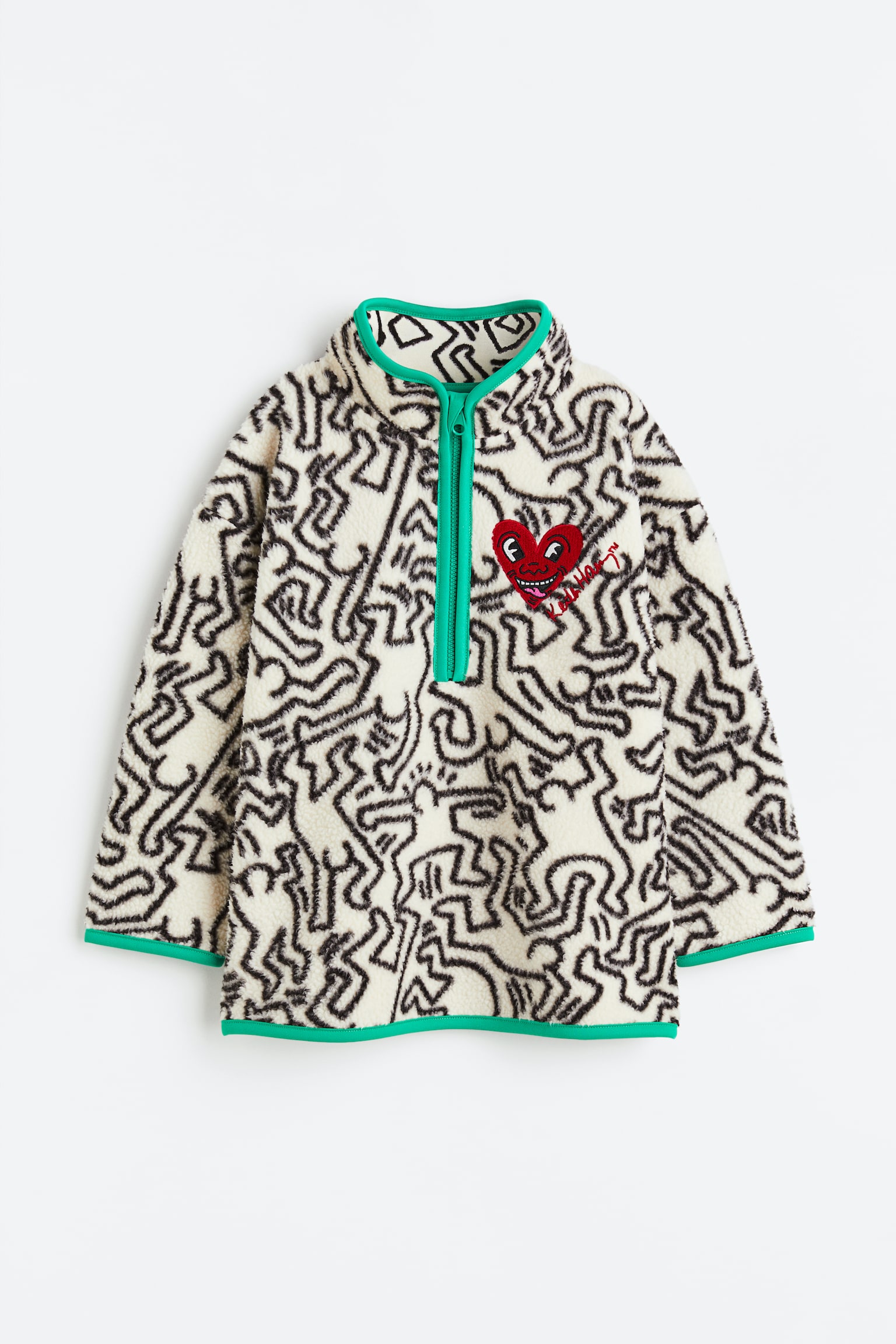 Áo nỉ kéo khoá bên trên bằng vải teddy thêu - Màu kem/Keith Haring - 1