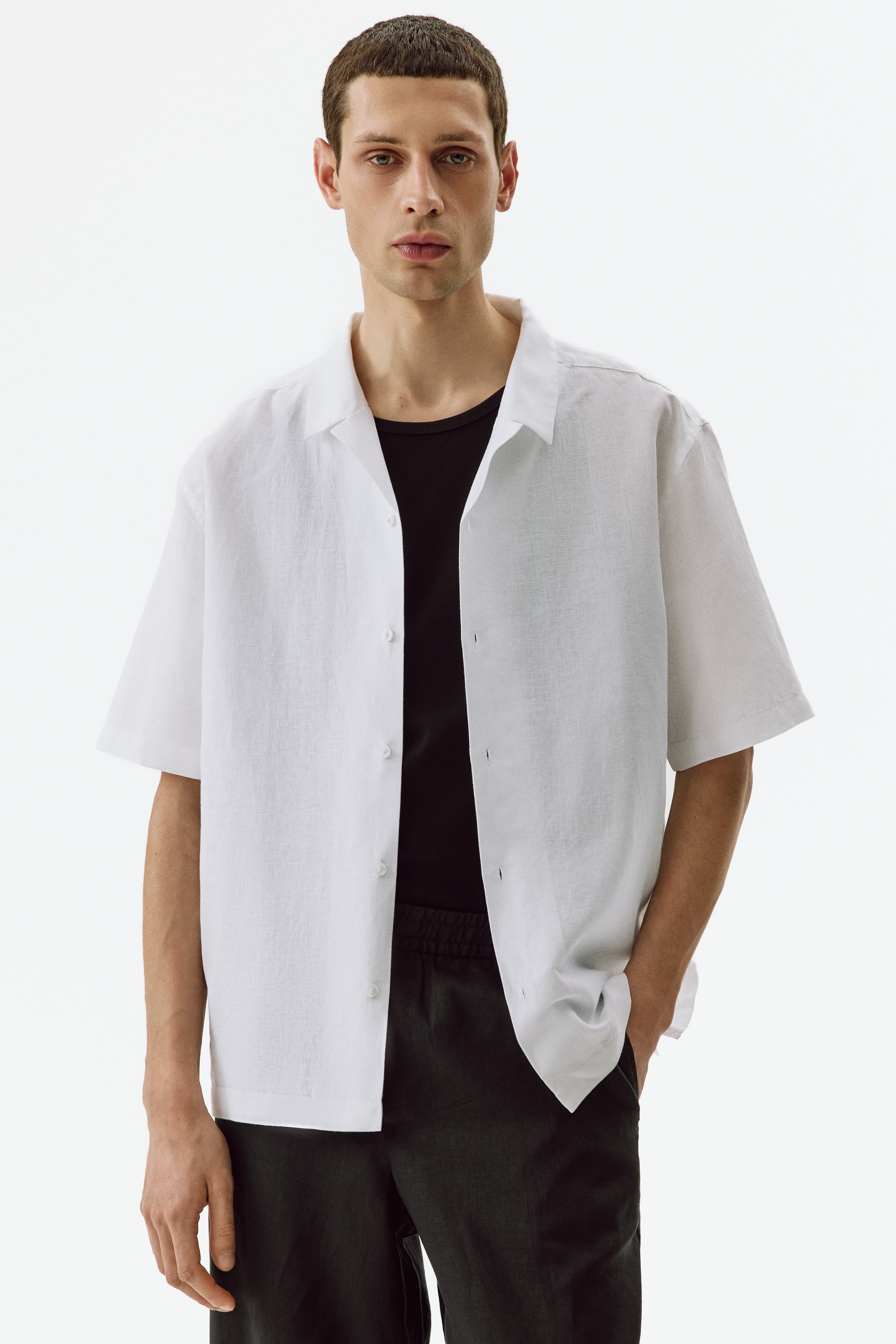 Relaxed-Fit Linen-Blend Resort Shirt - White/Light beige/Dusty blue/Dark khaki green/White/striped/Brown/Black