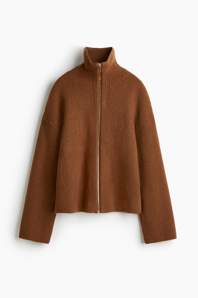 Cardigan with Zipper - Brown/Dark gray melange - 1
