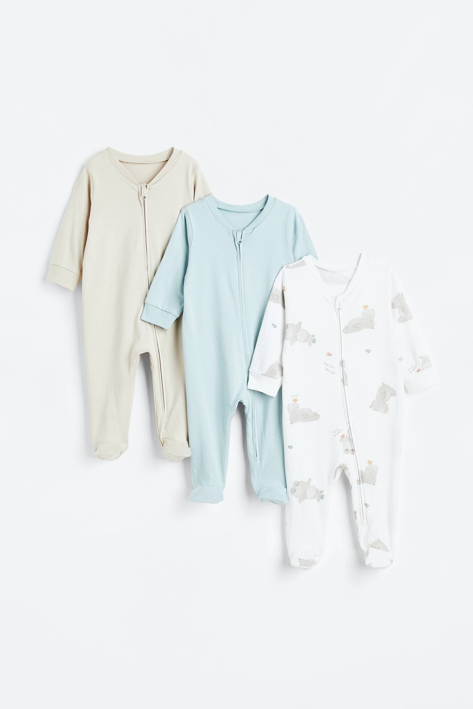 3-pack zip-up all-in-one pyjamas - Light turquoise/Hippos - 1