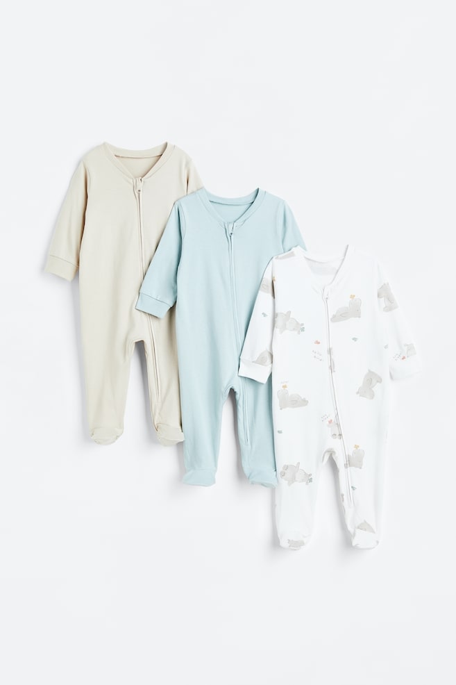 3-pack zip-up all-in-one pyjamas - Light turquoise/Hippos/Powder pink/Leopards/Light blue/Seals/Natural white/Houses/dc/dc - 1