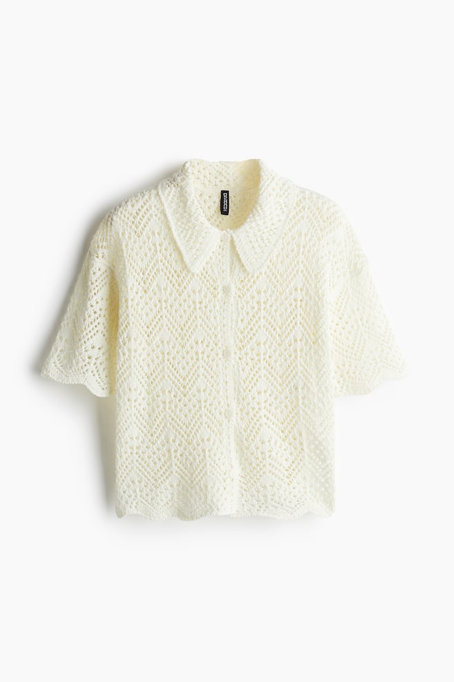 Short Sleeve Pointelle Knit Shirt - Cream/Black/Light pink - 1